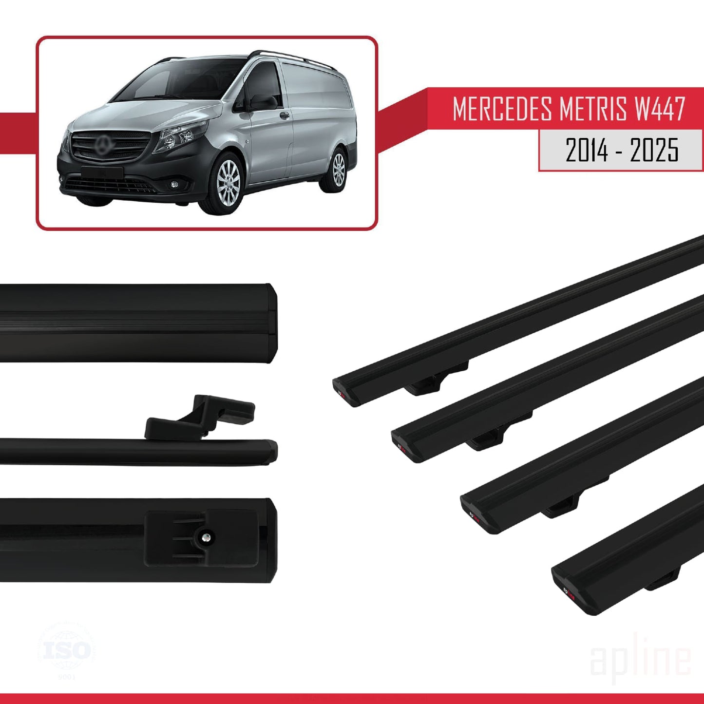 Compatible avec Mercedes Metris (W447) 2014-2025 BASIC Model Barres de Toit Railing Porte-Bagages de Voiture Noir Aluminium 4 Barres