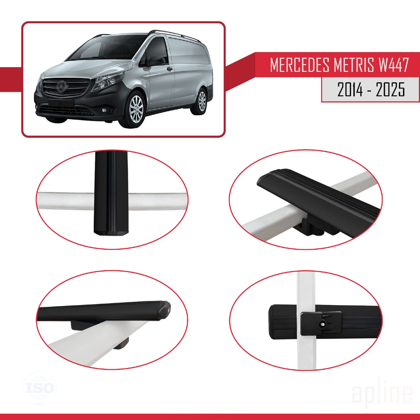 Compatible avec Mercedes Metris (W447) 2014-2025 BASIC Model Barres de Toit Railing Porte-Bagages de Voiture Noir Aluminium 4 Barres