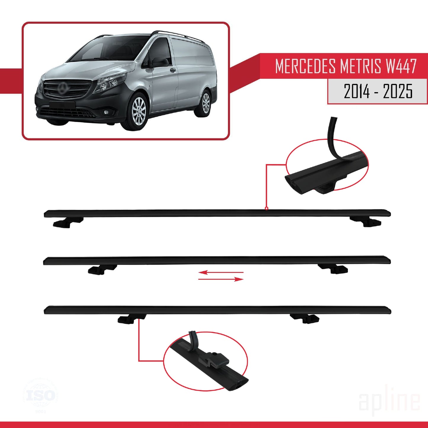 Compatible avec Mercedes Metris (W447) 2014-2025 BASIC Model Barres de Toit Railing Porte-Bagages de Voiture Noir Aluminium 4 Barres