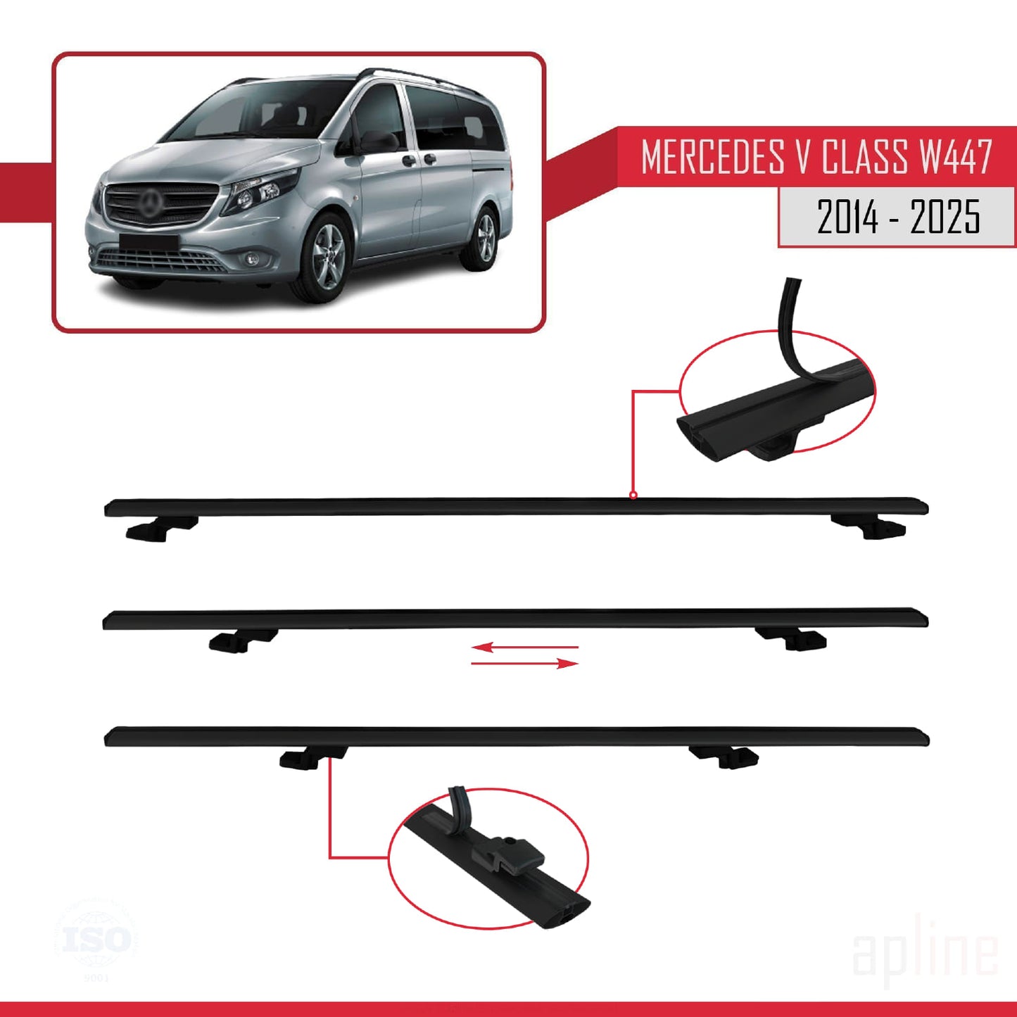 Compatible avec Mercedes Classe V 3 (W447) 2014-2025 BASIC Model Barres de Toit Railing Porte-Bagages de Voiture Noir Aluminium 2 Barres