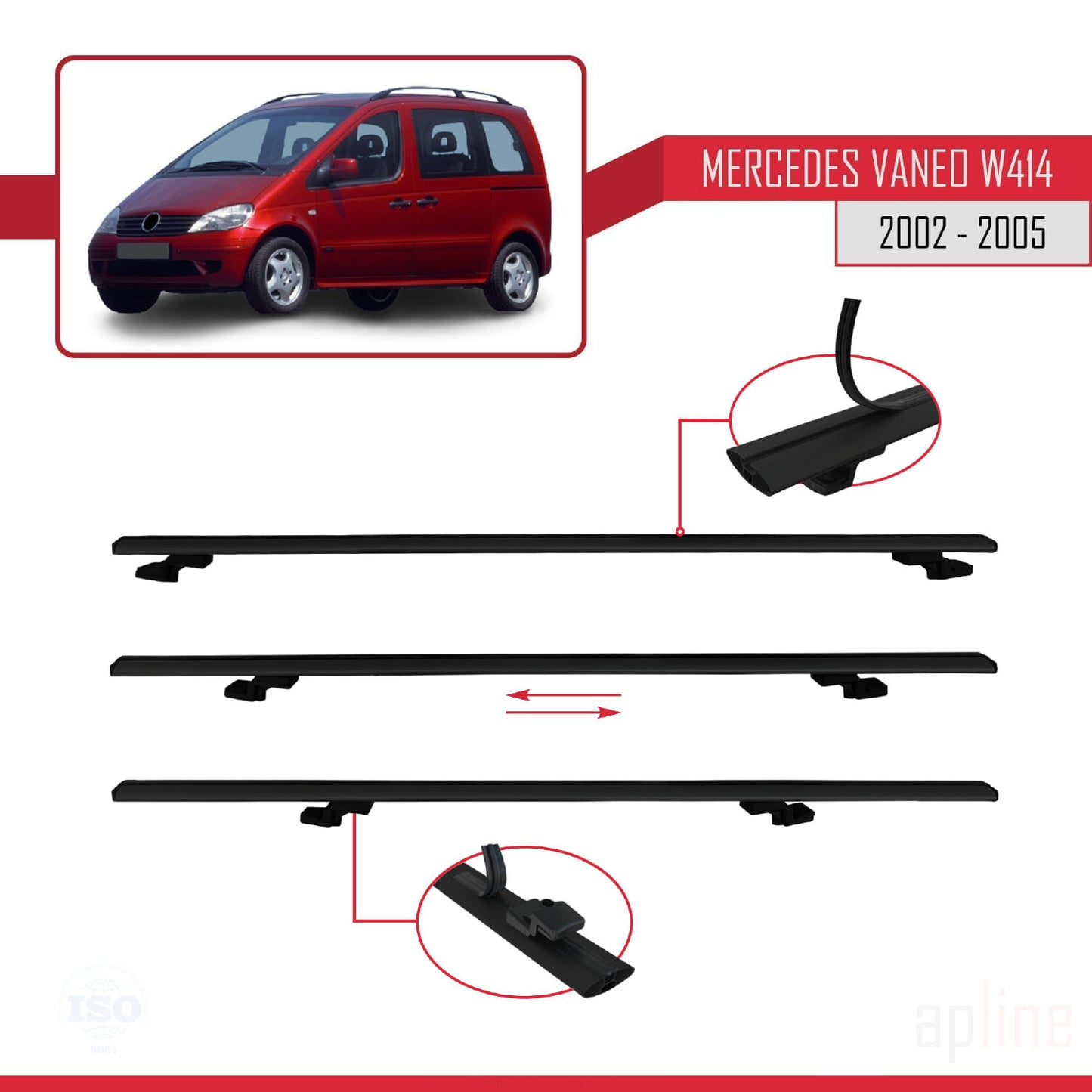 Compatible avec Mercedes Vaneo (W414) 2002-2005 BASIC Model Barres de Toit Railing Porte-Bagages de Voiture Noir Aluminium 4 Barres