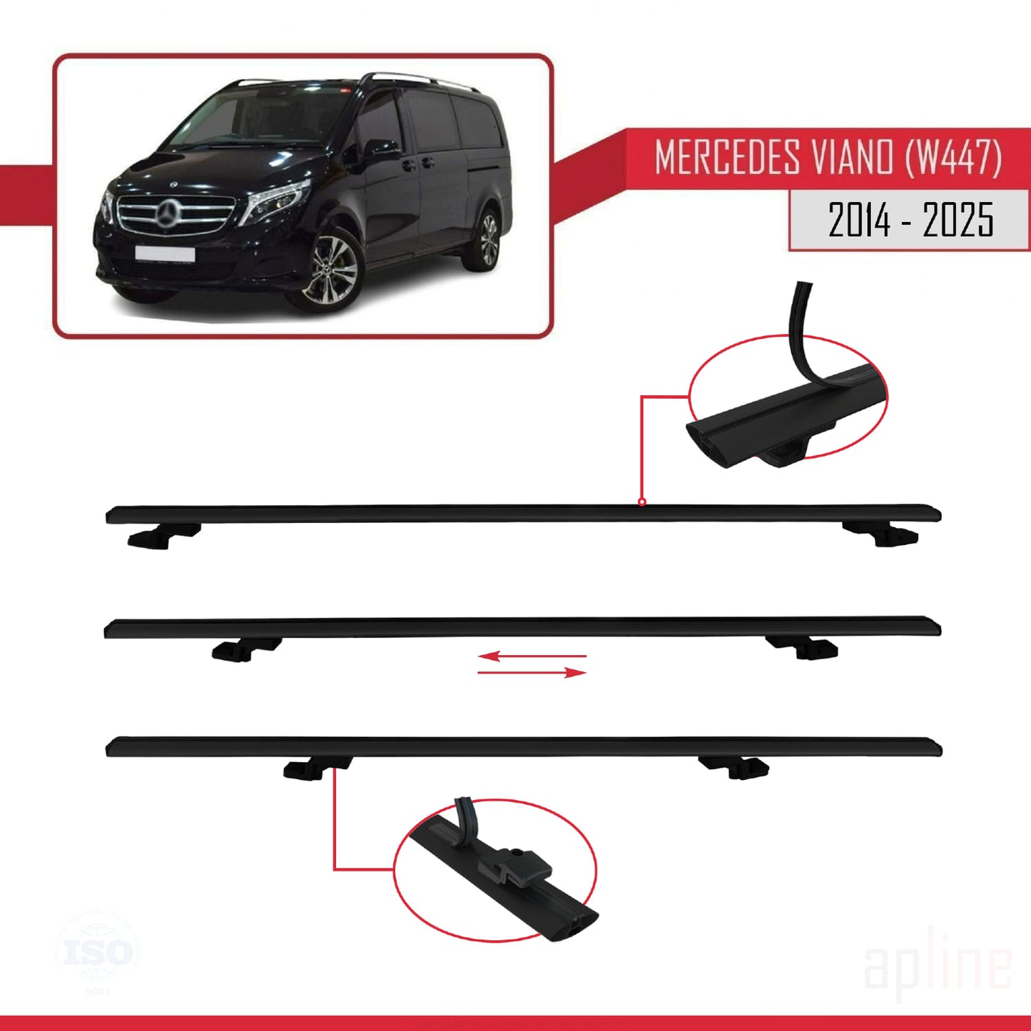 Compatible avec Mercedes Viano 3 (W447) 2014-2025 BASIC Model Barres de Toit Railing Porte-Bagages de Voiture Noir Aluminium 2 Barres