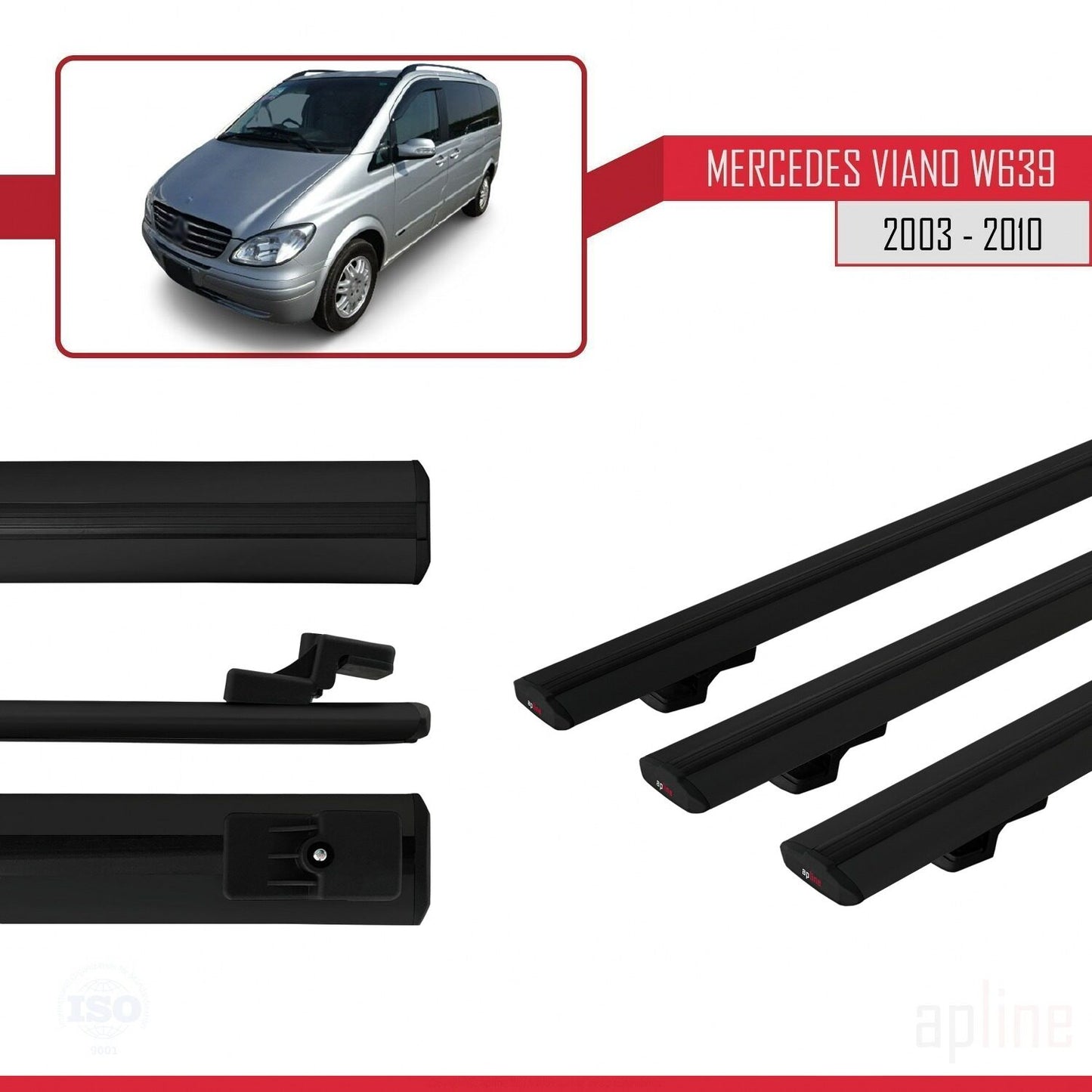 Compatible avec Mercedes Viano 2 (W639) Pre-Facelift 2003-2010 BASIC Model Barres de Toit Railing Porte-Bagages de Voiture Noir Aluminium 3 Barres