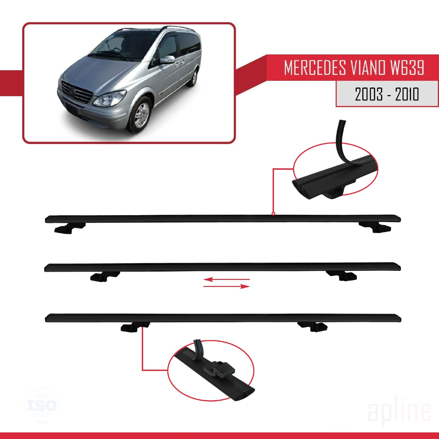 Compatible avec Mercedes Viano 2 (W639) Pre-Facelift 2003-2010 BASIC Model Barres de Toit Railing Porte-Bagages de Voiture Noir Aluminium 4 Barres
