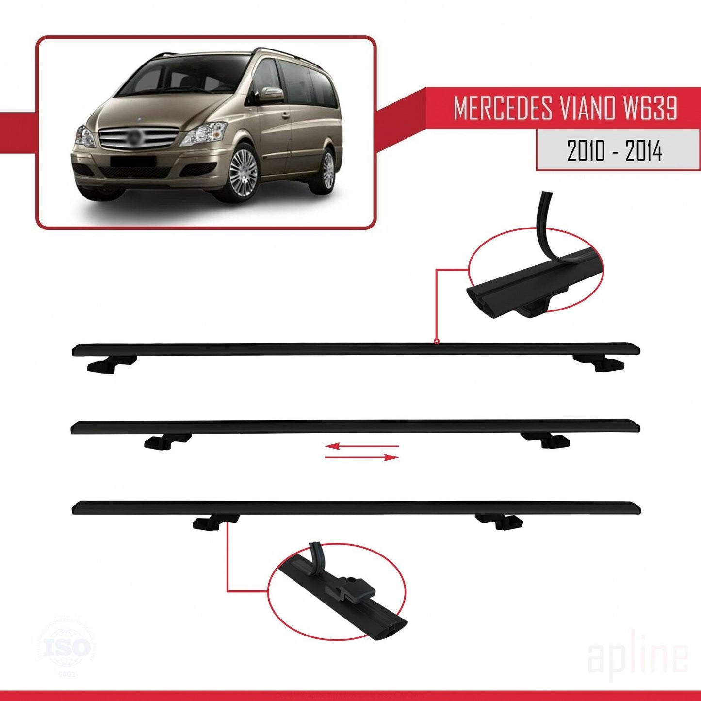 Compatible avec Mercedes Viano 2 (W639) Post-Facelift 2010-2014 BASIC Model Barres de Toit Railing Porte-Bagages de Voiture Noir Aluminium 2 Barres