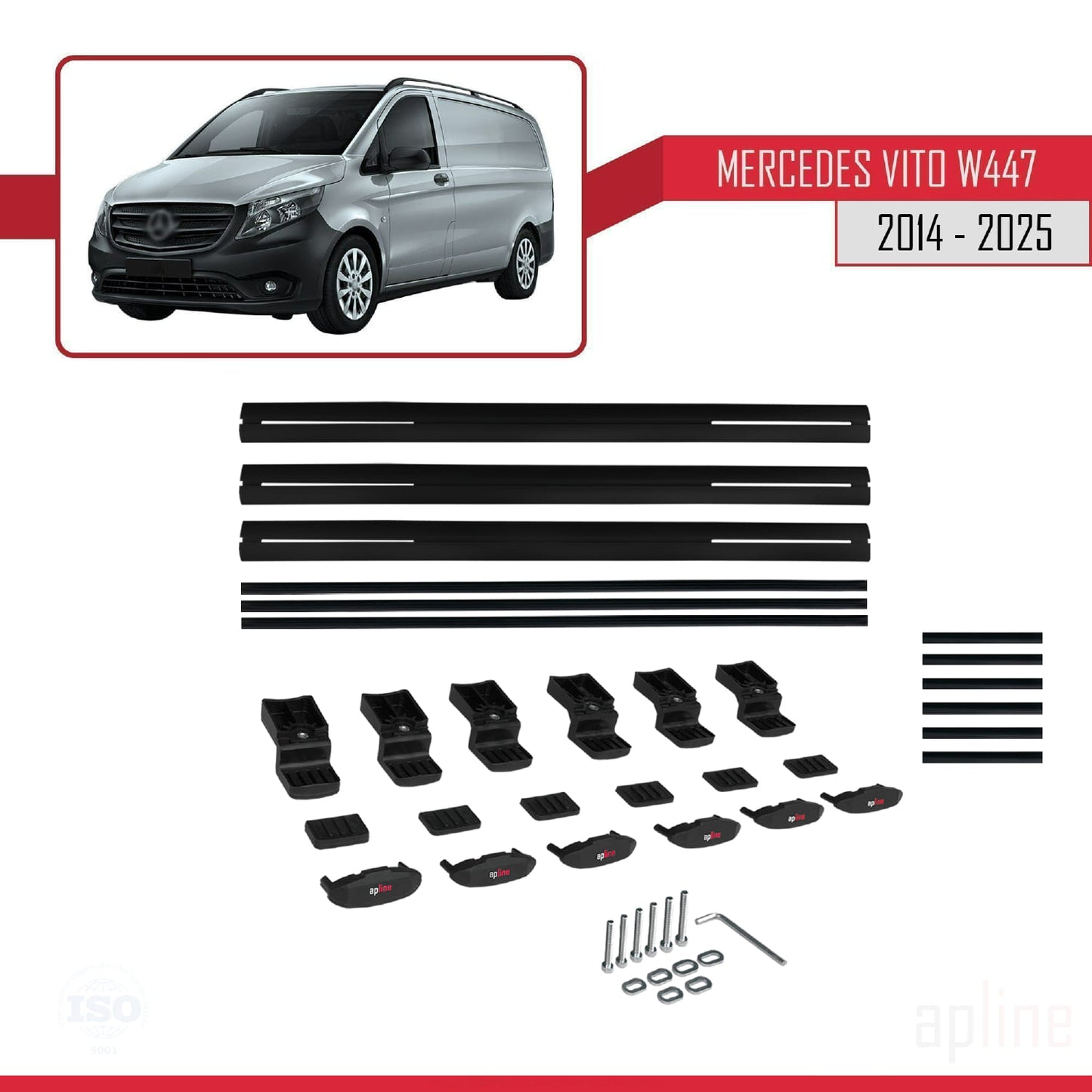 Compatible avec Mercedes Vito 3 (W447) 2014-2025 BASIC Model Barres de Toit Railing Porte-Bagages de Voiture Noir Aluminium 3 Barres