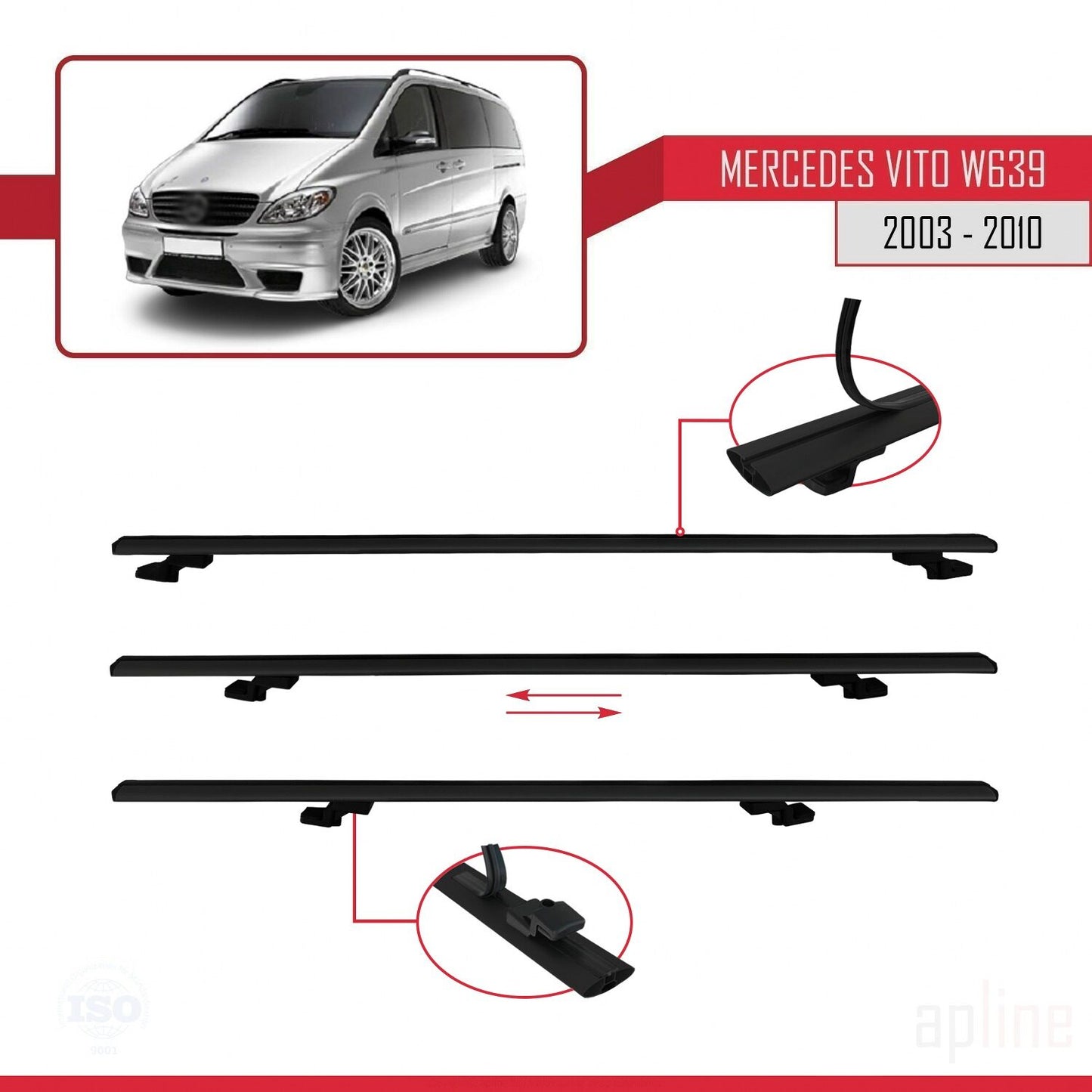 Compatible avec Mercedes Vito 2 (W639) Pre-Facelift 2003-2010 BASIC Model Barres de Toit Railing Porte-Bagages de Voiture Noir Aluminium 3 Barres