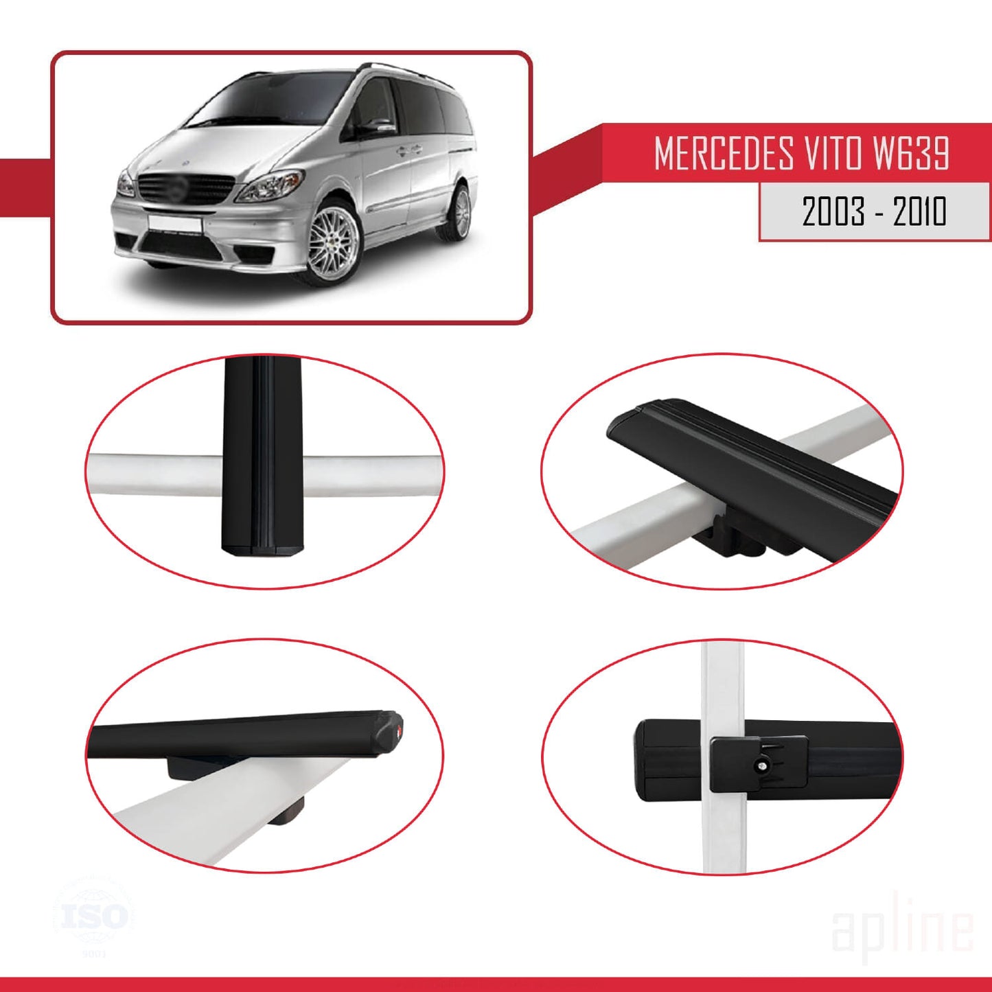 Compatible avec Mercedes Vito 2 (W639) Pre-Facelift 2003-2010 BASIC Model Barres de Toit Railing Porte-Bagages de Voiture Noir Aluminium 4 Barres