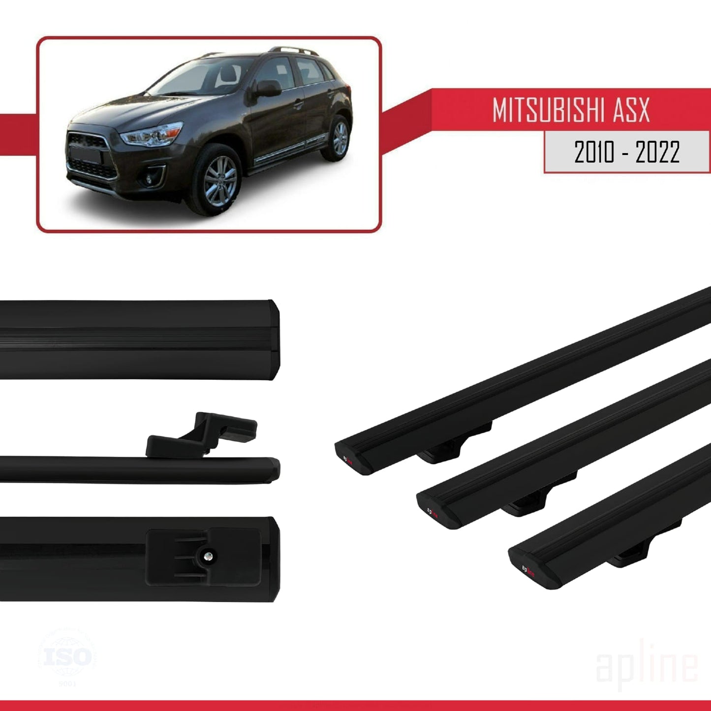 BASIC Model Dakdrager bagagedrager compatibel met Mitsubishi ASX (GA) 2010-2022 Spoorstaven Zwart Aluminium 3 Staven