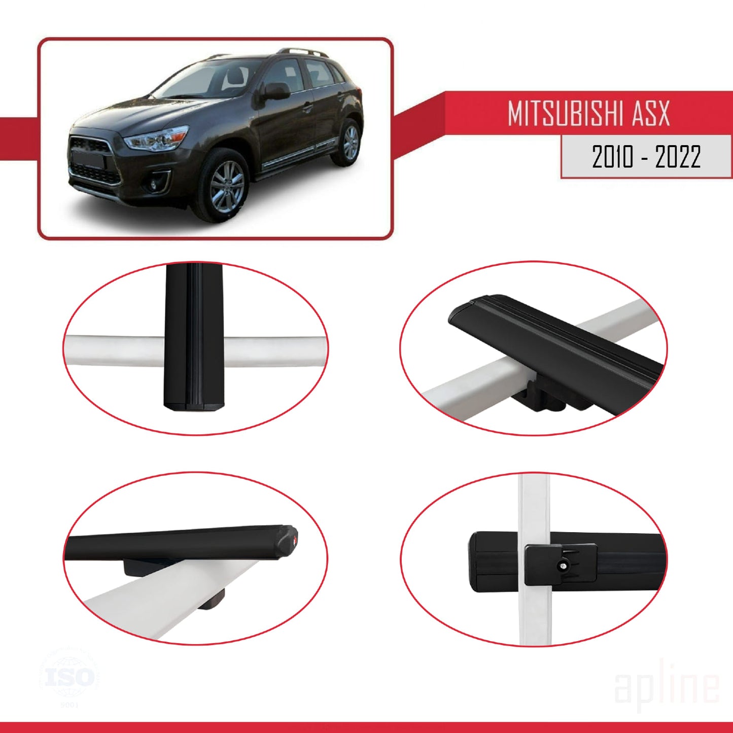 BASIC Model Dakdrager bagagedrager compatibel met Mitsubishi ASX (GA) 2010-2022 Spoorstaven Zwart Aluminium 2 Staven