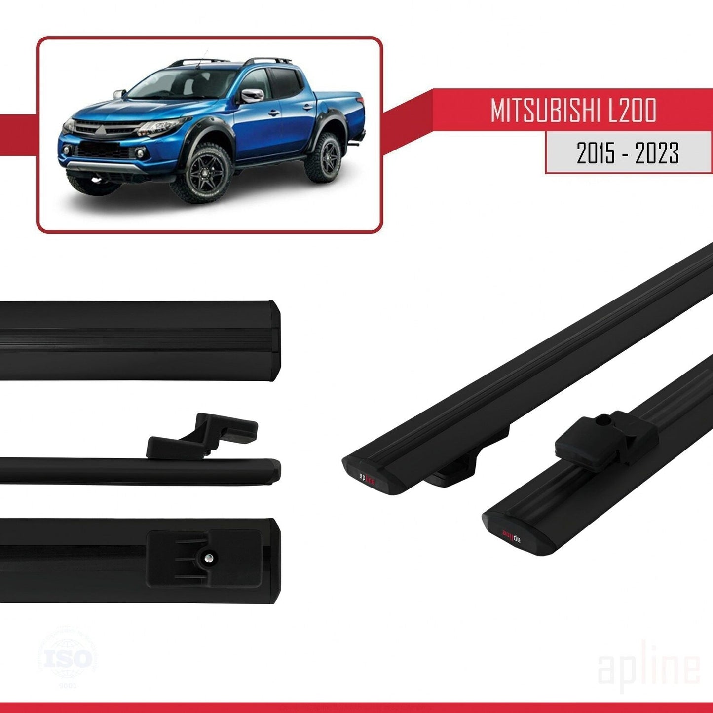 BASIC Model Dakdrager bagagedrager compatibel met Mitsubishi L200 V 2015-2023 Spoorstaven Zwart Aluminium 2 Staven