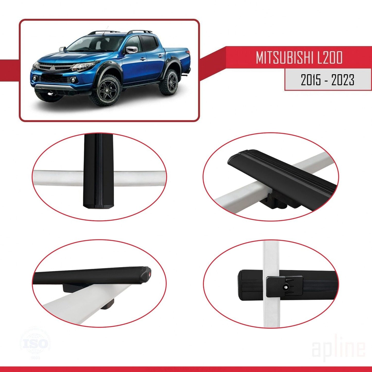 BASIC Model Dakdrager bagagedrager compatibel met Mitsubishi L200 V 2015-2023 Spoorstaven Zwart Aluminium 2 Staven
