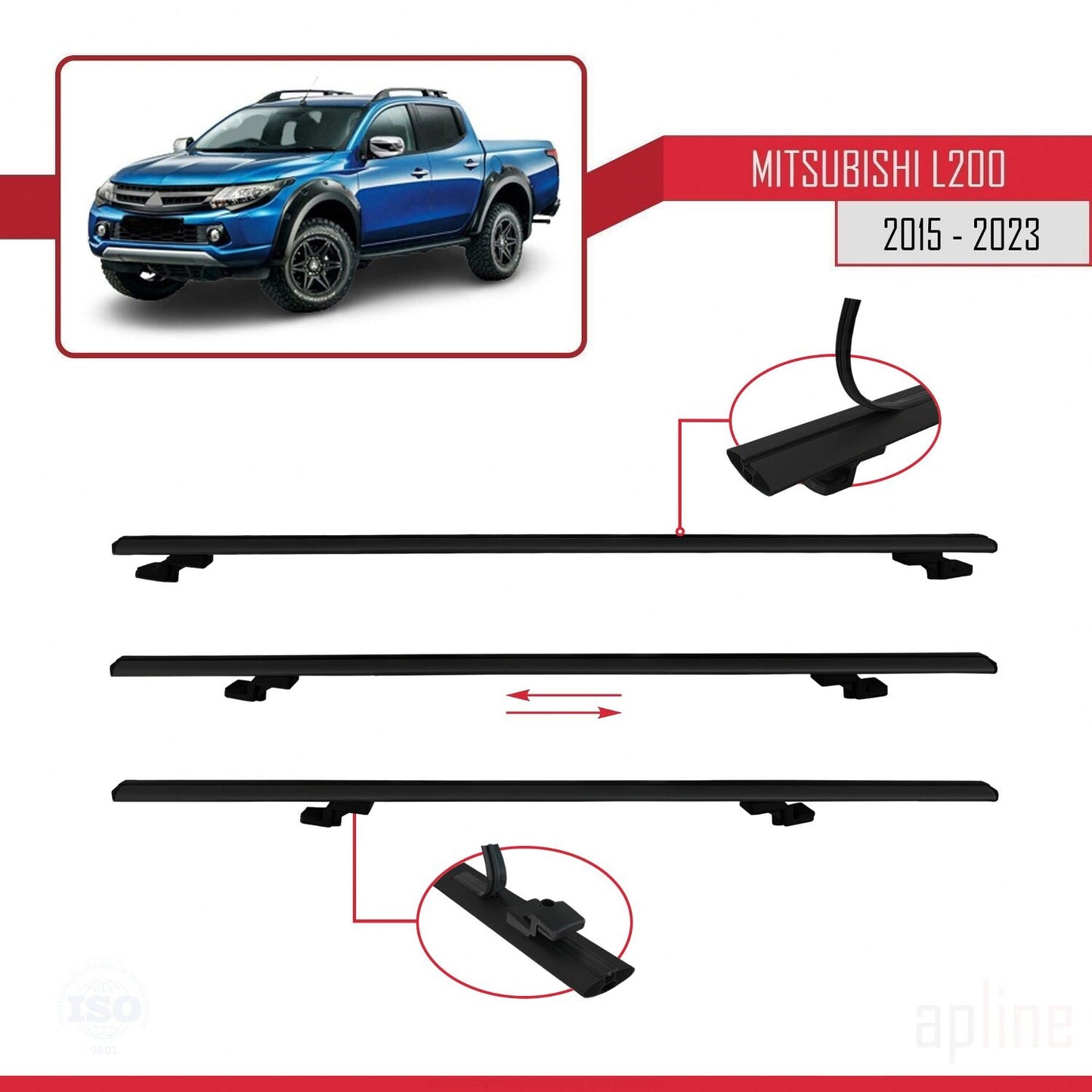 BASIC Model Dakdrager bagagedrager compatibel met Mitsubishi L200 V 2015-2023 Spoorstaven Zwart Aluminium 2 Staven