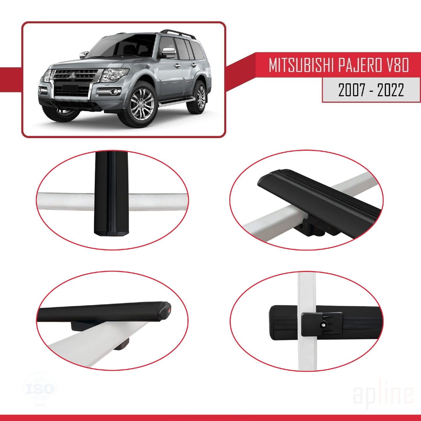 Compatible avec Mitsubishi Pajero (V80) 2007-2022 BASIC Model Barres de Toit Railing Porte-Bagages de Voiture Noir Aluminium 2 Barres