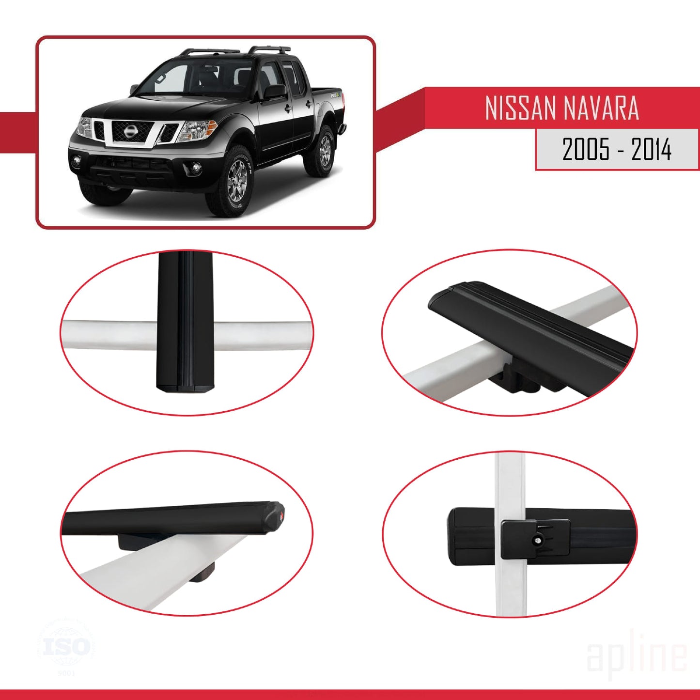 Compatible avec Nissan Navara 3 (D40) 2005-2014 BASIC Model Barres de Toit Railing Porte-Bagages de Voiture Noir Aluminium 2 Barres