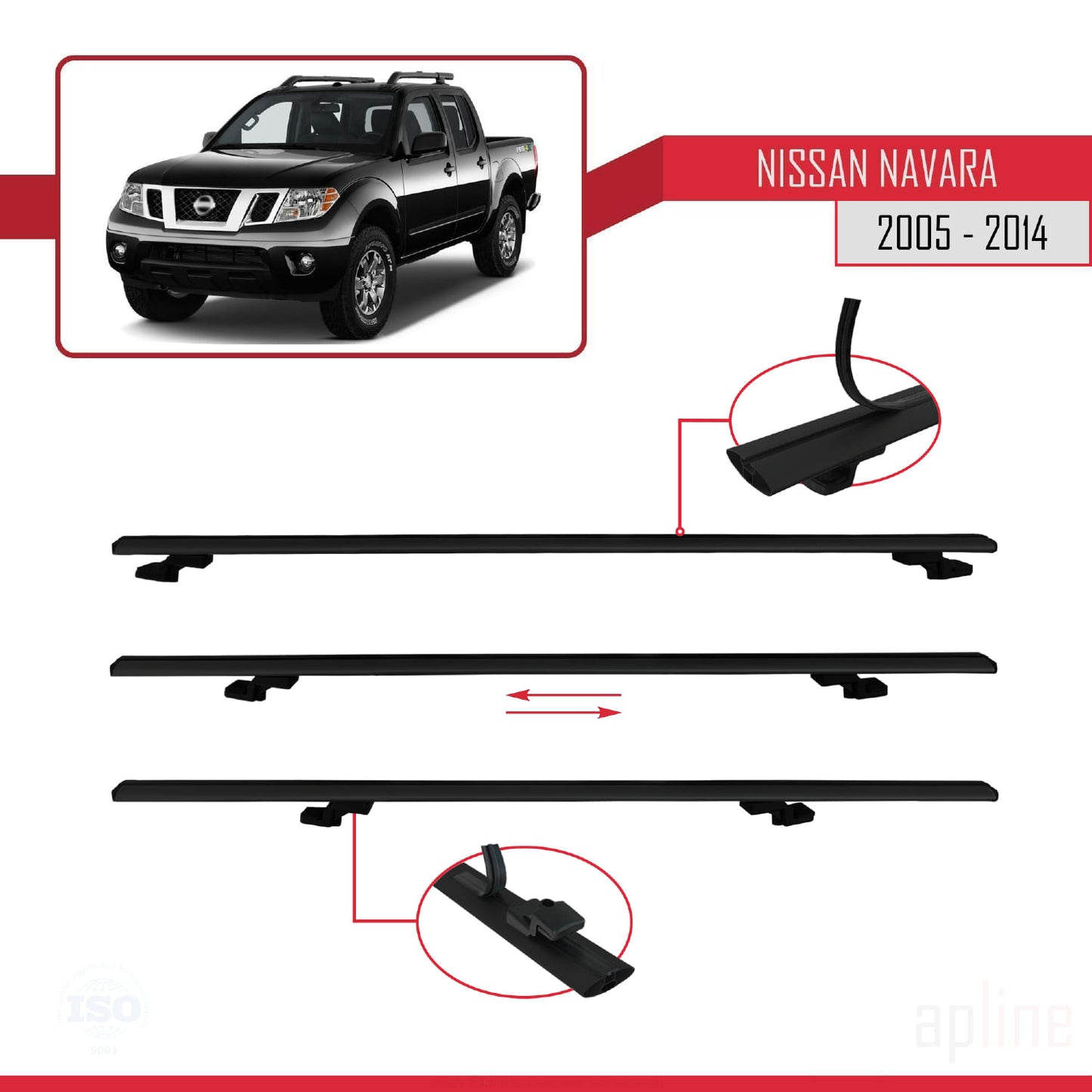 Compatible avec Nissan Navara 3 (D40) 2005-2014 BASIC Model Barres de Toit Railing Porte-Bagages de Voiture Noir Aluminium 2 Barres