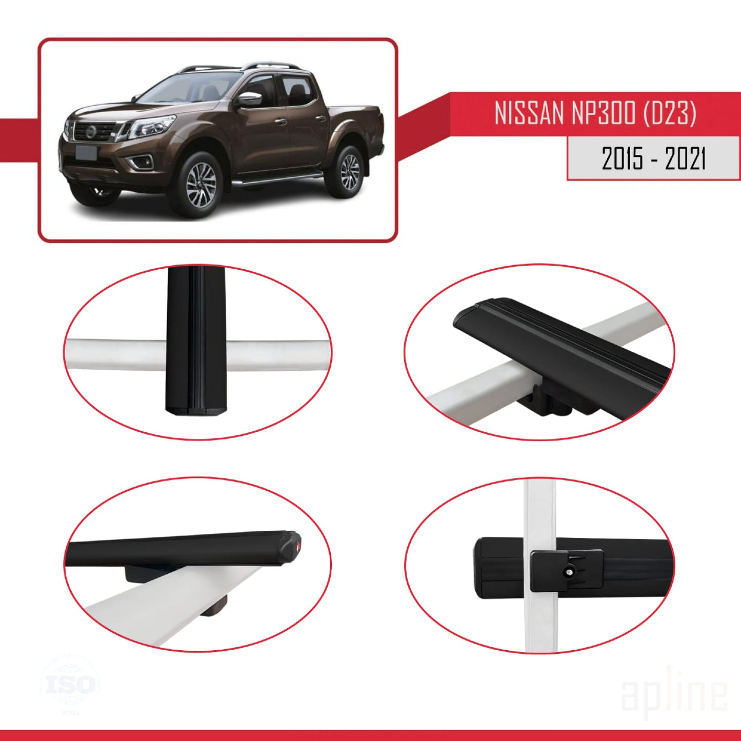 Compatible avec Nissan NP300 (D23) 2015-2021 BASIC Model Barres de Toit Railing Porte-Bagages de Voiture Noir Aluminium 2 Barres