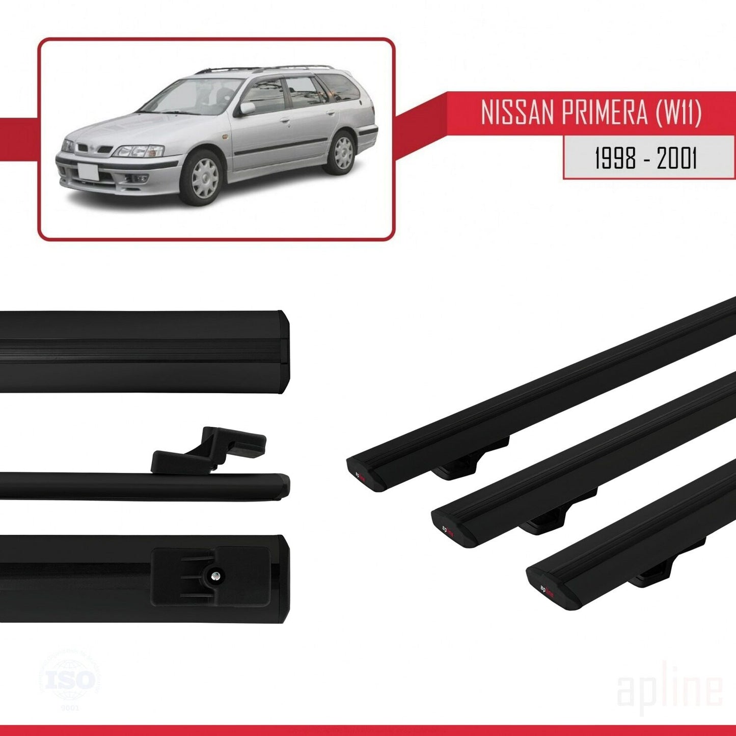 Kompatibel mit Nissan Primera 2 (W11) Traveller 1998-2001 BASIC Model Relingträger Dachträger Auto Gepäckträger Schwarz Aluminium 3 Stangen