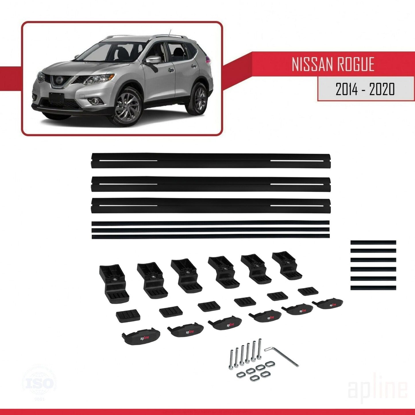 BASIC Model Dakdrager bagagedrager compatibel met Nissan Rogue 2 (T32) 2014-2020 Spoorstaven Zwart Aluminium 3 Staven