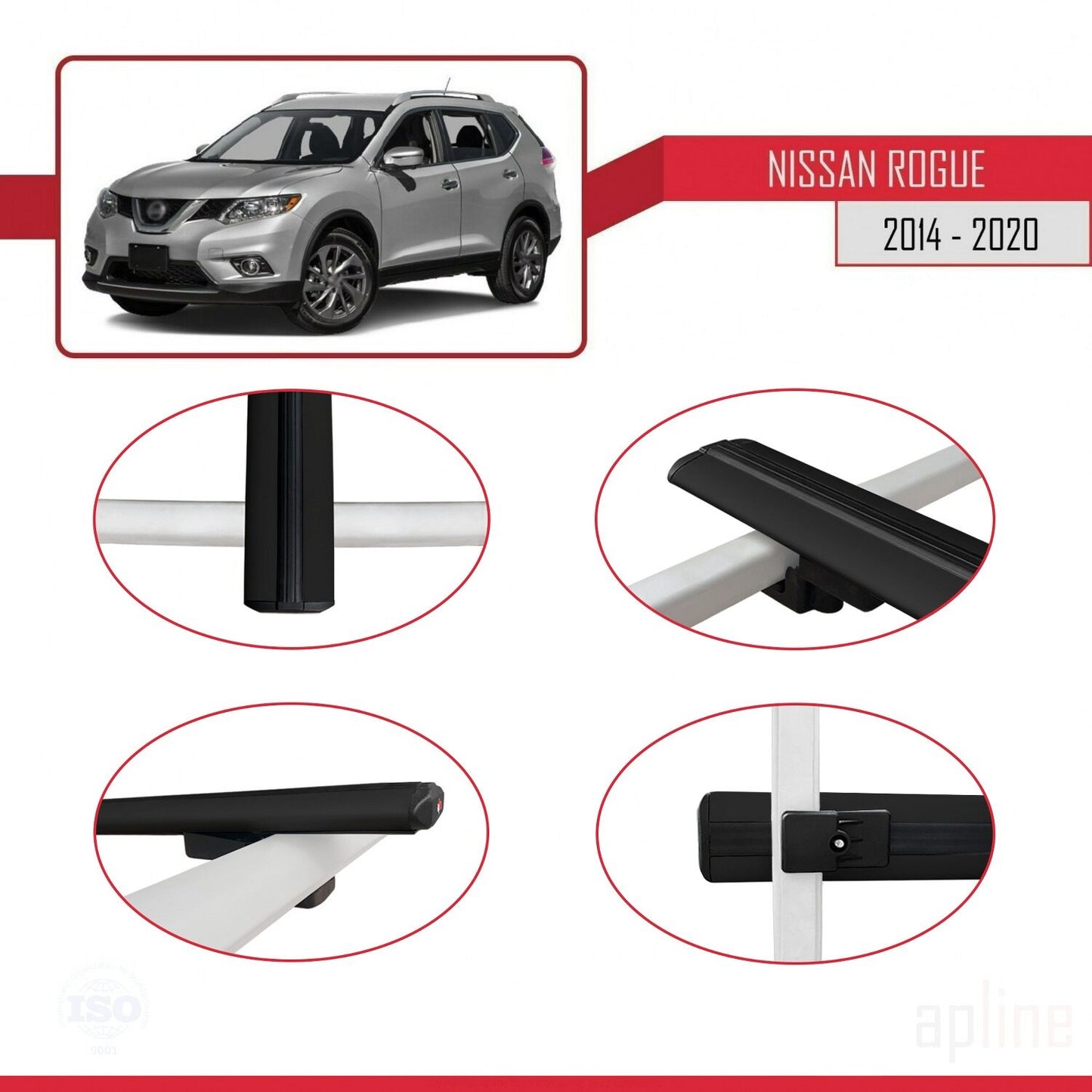 BASIC Model Dakdrager bagagedrager compatibel met Nissan Rogue 2 (T32) 2014-2020 Spoorstaven Zwart Aluminium 3 Staven