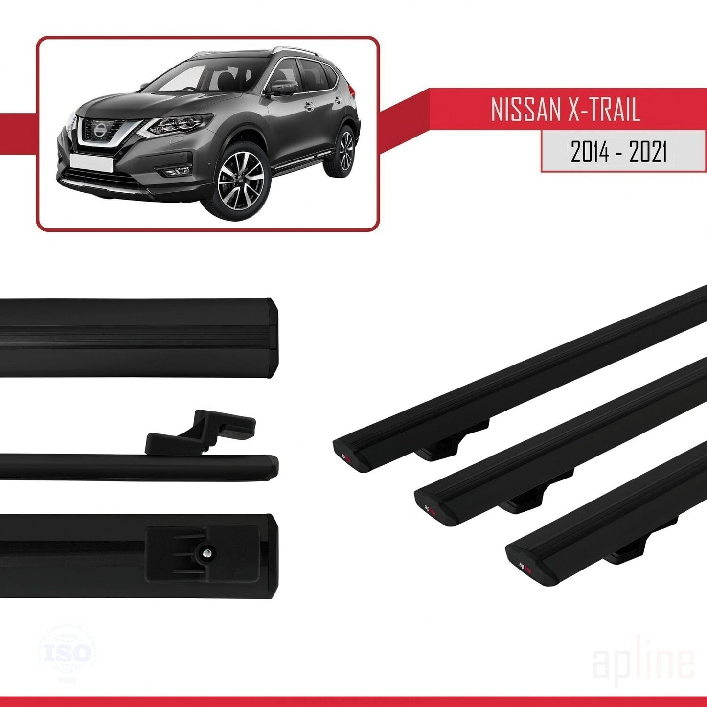 Compatible avec Nissan X-Trail 3 (T32) 2014-2021 BASIC Model Barres de Toit Railing Porte-Bagages de Voiture Noir Aluminium 3 Barres