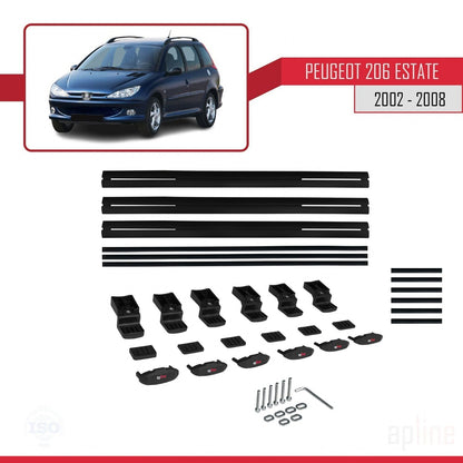 Compatibile con Peugeot 206 SW 2002-2008 BASIC Model Barre Tetto Portapacchi Auto Barre Portatutto Nero Alluminio 3 Barre