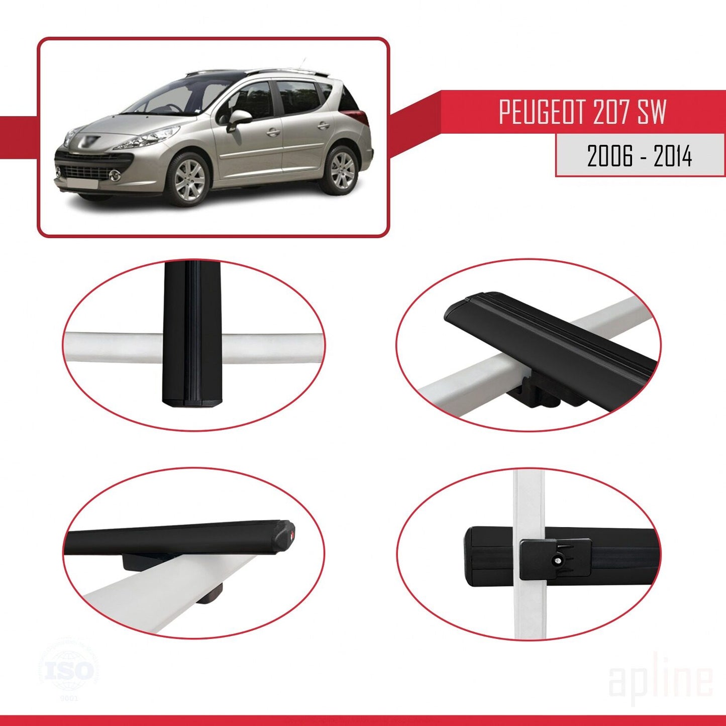 Compatibile con Peugeot 207 SW 2006-2014 BASIC Model Barre Tetto Portapacchi Auto Barre Portatutto Nero Alluminio 2 Barre