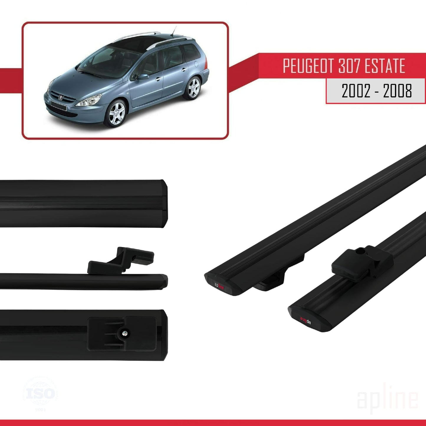 Compatible avec Peugeot 307 Break 2002-2008 BASIC Model Barres de Toit Railing Porte-Bagages de Voiture Noir Aluminium 2 Barres