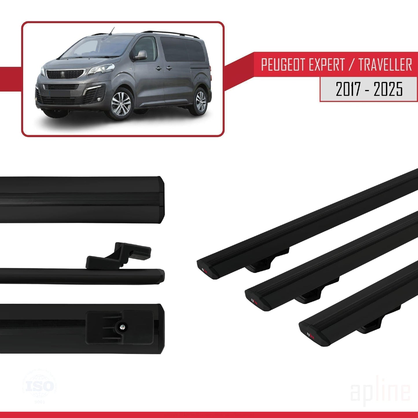 Compatible avec Peugeot Expert 3 Traveller 2017-2025 BASIC Model Barres de Toit Railing Porte-Bagages de Voiture Noir Aluminium 3 Barres