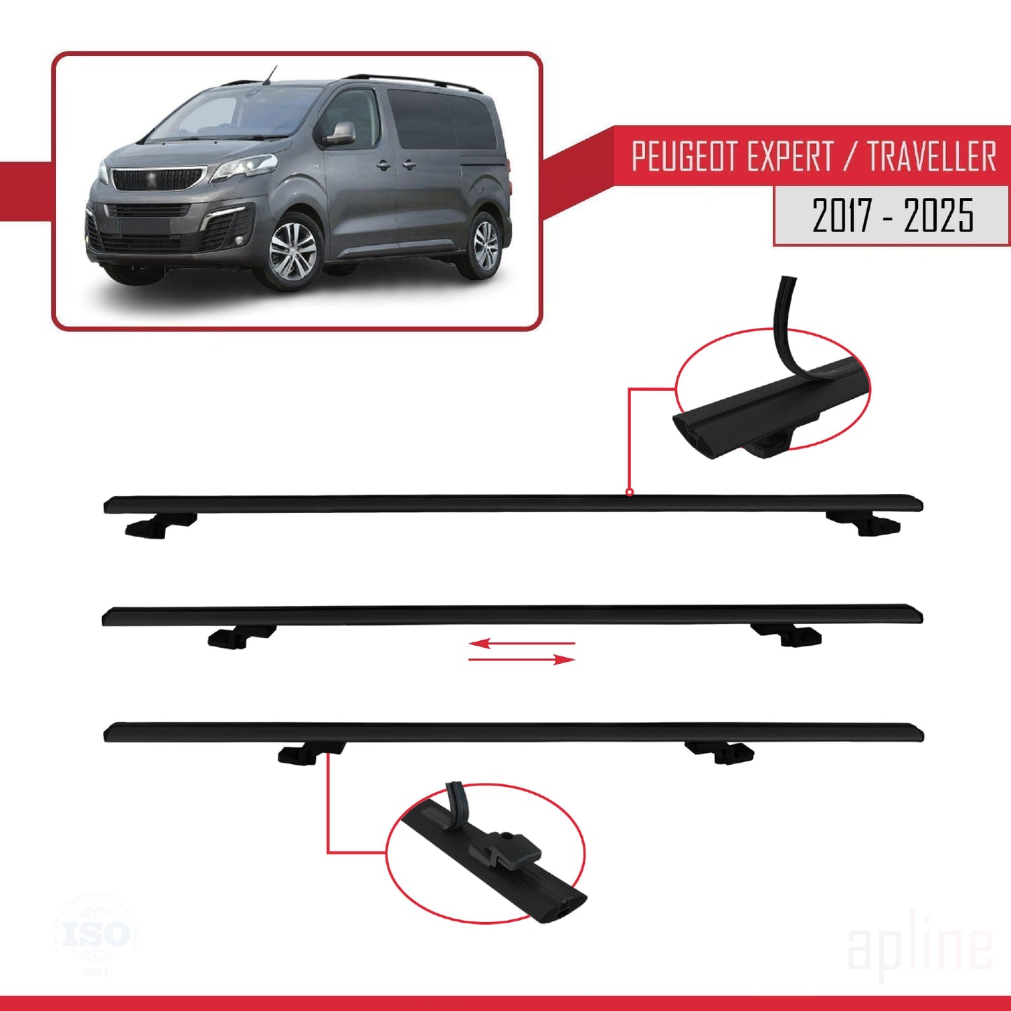Compatible avec Peugeot Expert 3 Traveller 2017-2025 BASIC Model Barres de Toit Railing Porte-Bagages de Voiture Noir Aluminium 3 Barres