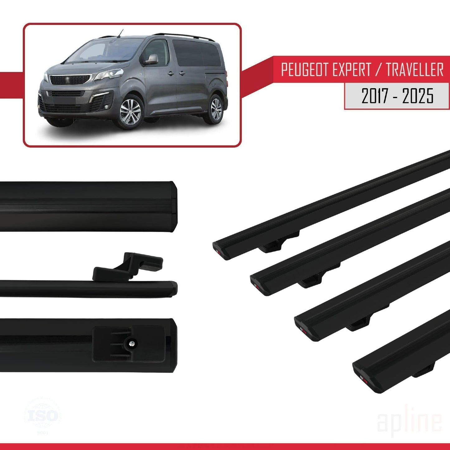Compatible avec Peugeot Expert 3 Traveller 2017-2025 BASIC Model Barres de Toit Railing Porte-Bagages de Voiture Noir Aluminium 4 Barres