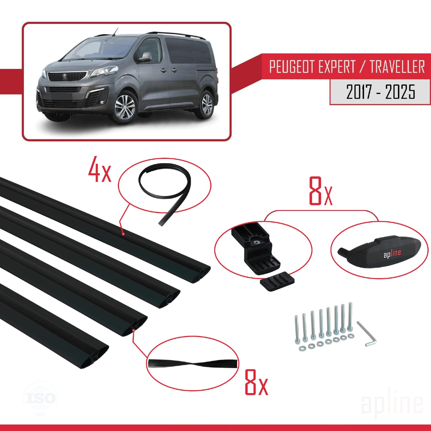 Compatible avec Peugeot Expert 3 Traveller 2017-2025 BASIC Model Barres de Toit Railing Porte-Bagages de Voiture Noir Aluminium 4 Barres