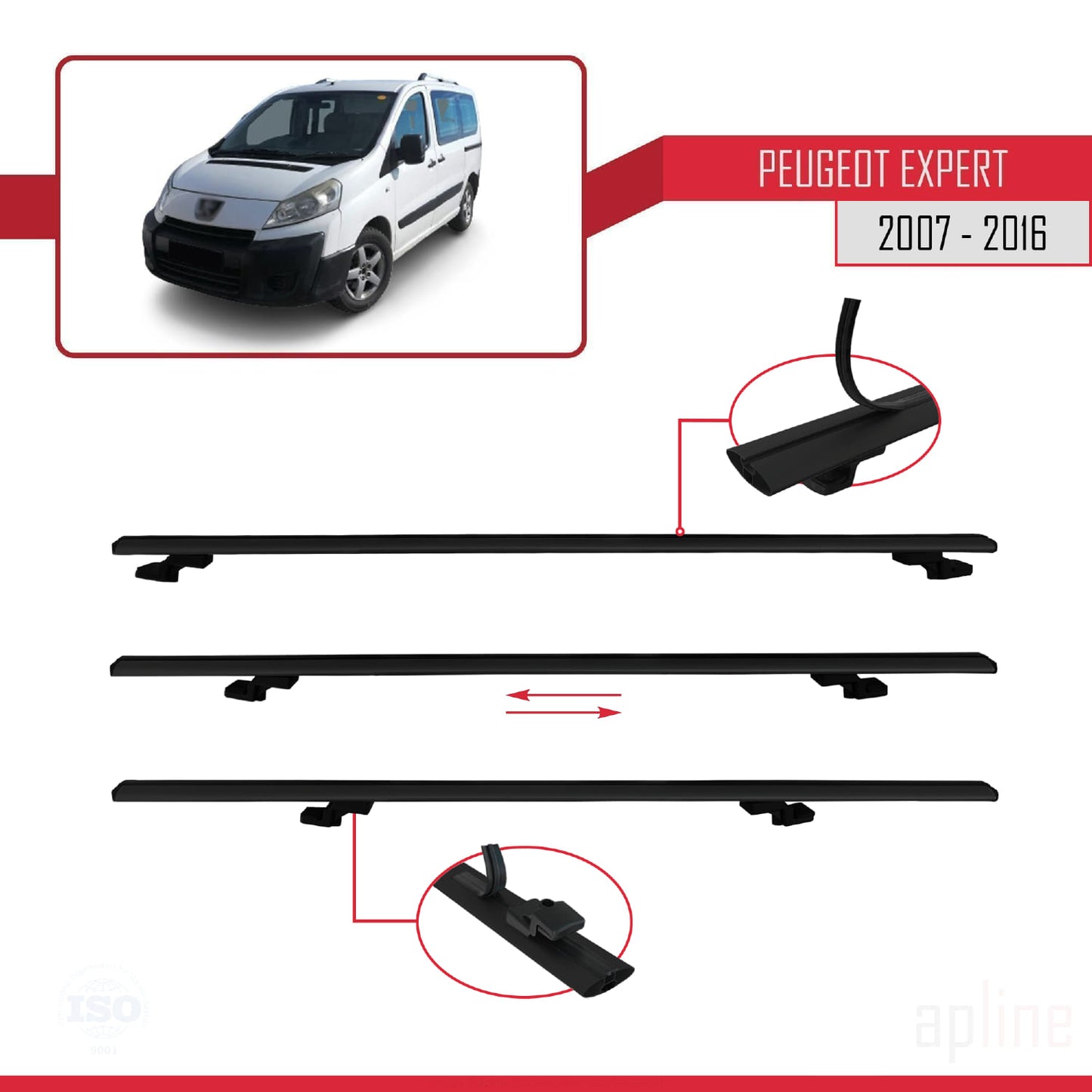 Compatible avec Peugeot Expert 2 2007-2016 BASIC Model Barres de Toit Railing Porte-Bagages de Voiture Noir Aluminium 2 Barres