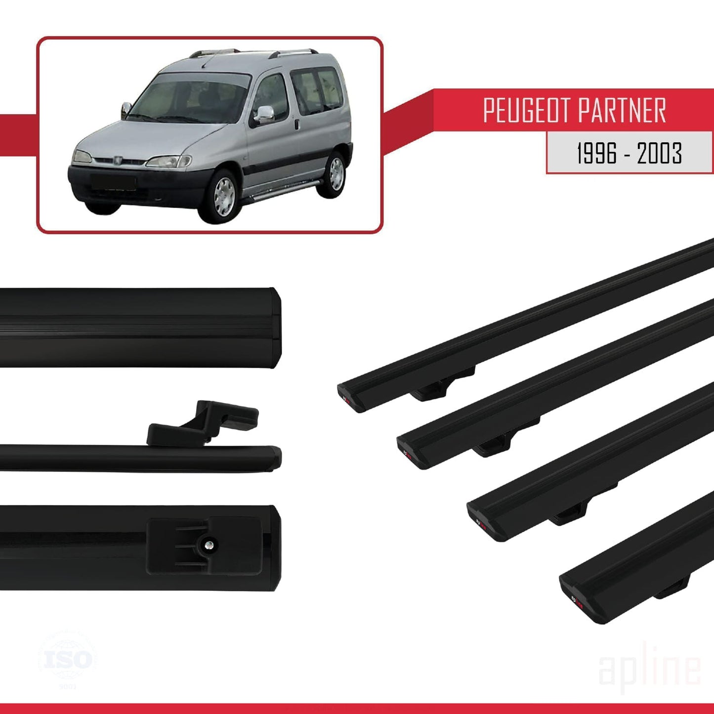 Compatible avec Peugeot Partner Pre-Facelift 1996-2003 BASIC Model Barres de Toit Railing Porte-Bagages de Voiture Noir Aluminium 4 Barres