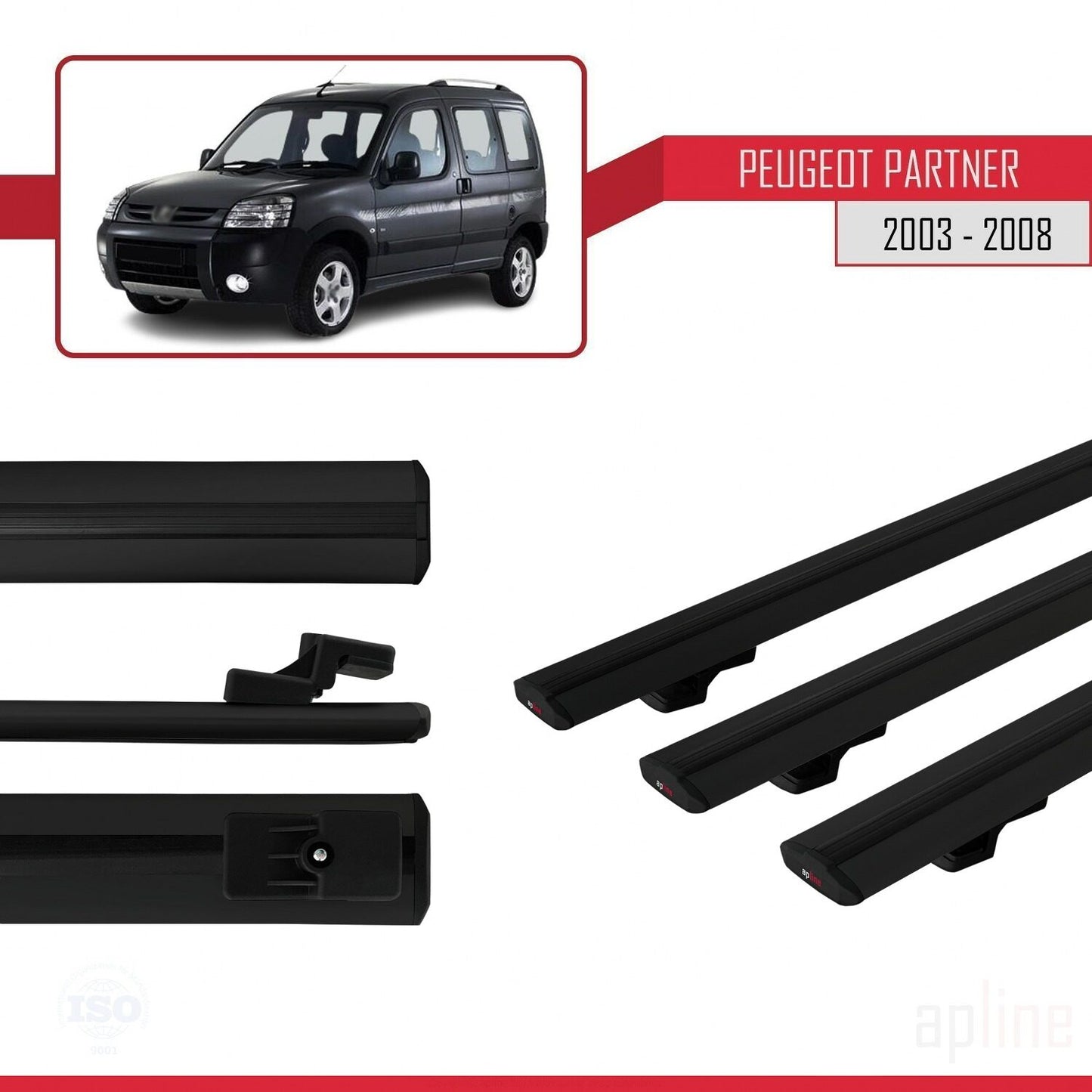 Compatible avec Peugeot Partner Post-Facelift 2003-2008 BASIC Model Barres de Toit Railing Porte-Bagages de Voiture Noir Aluminium 3 Barres