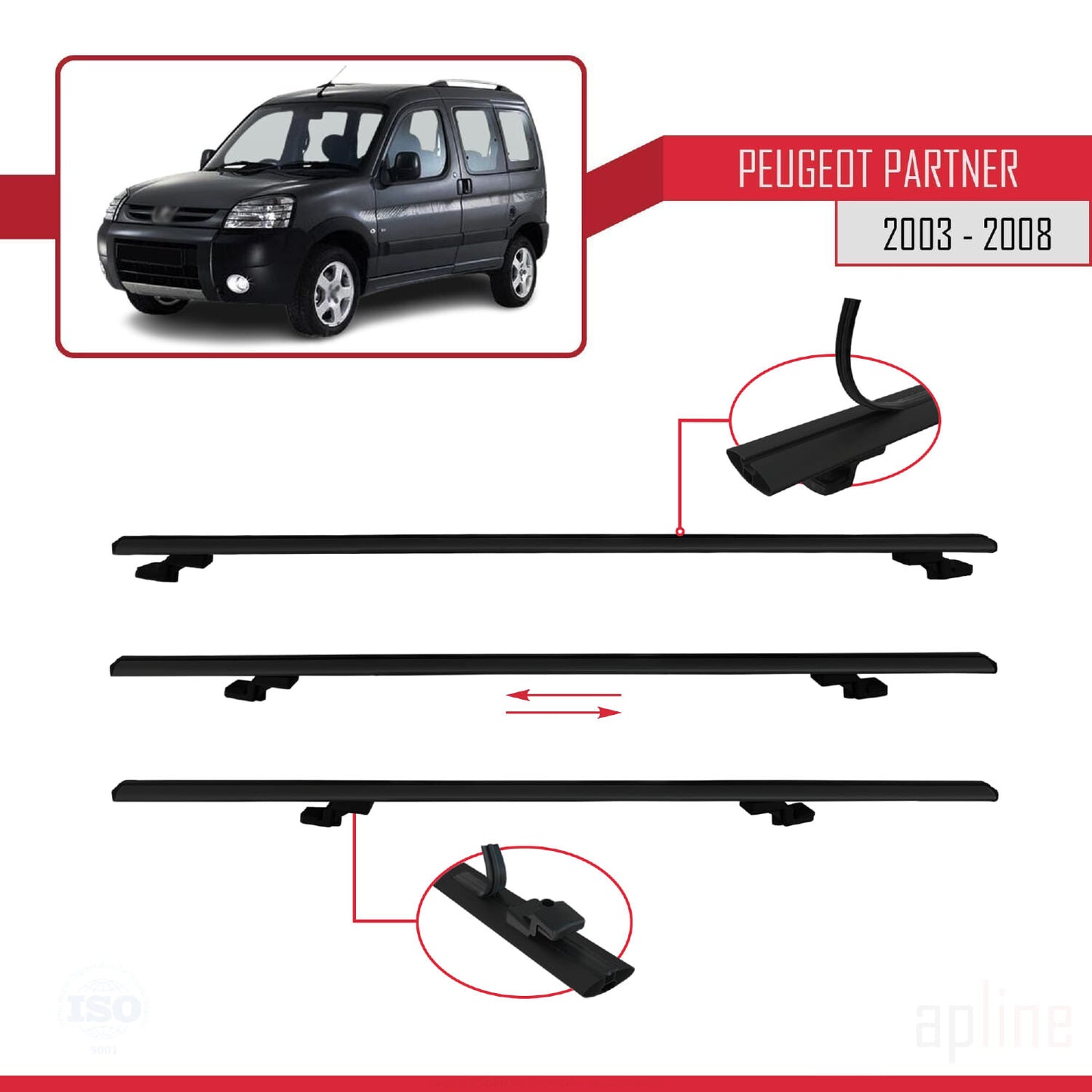 Compatible avec Peugeot Partner Post-Facelift 2003-2008 BASIC Model Barres de Toit Railing Porte-Bagages de Voiture Noir Aluminium 4 Barres