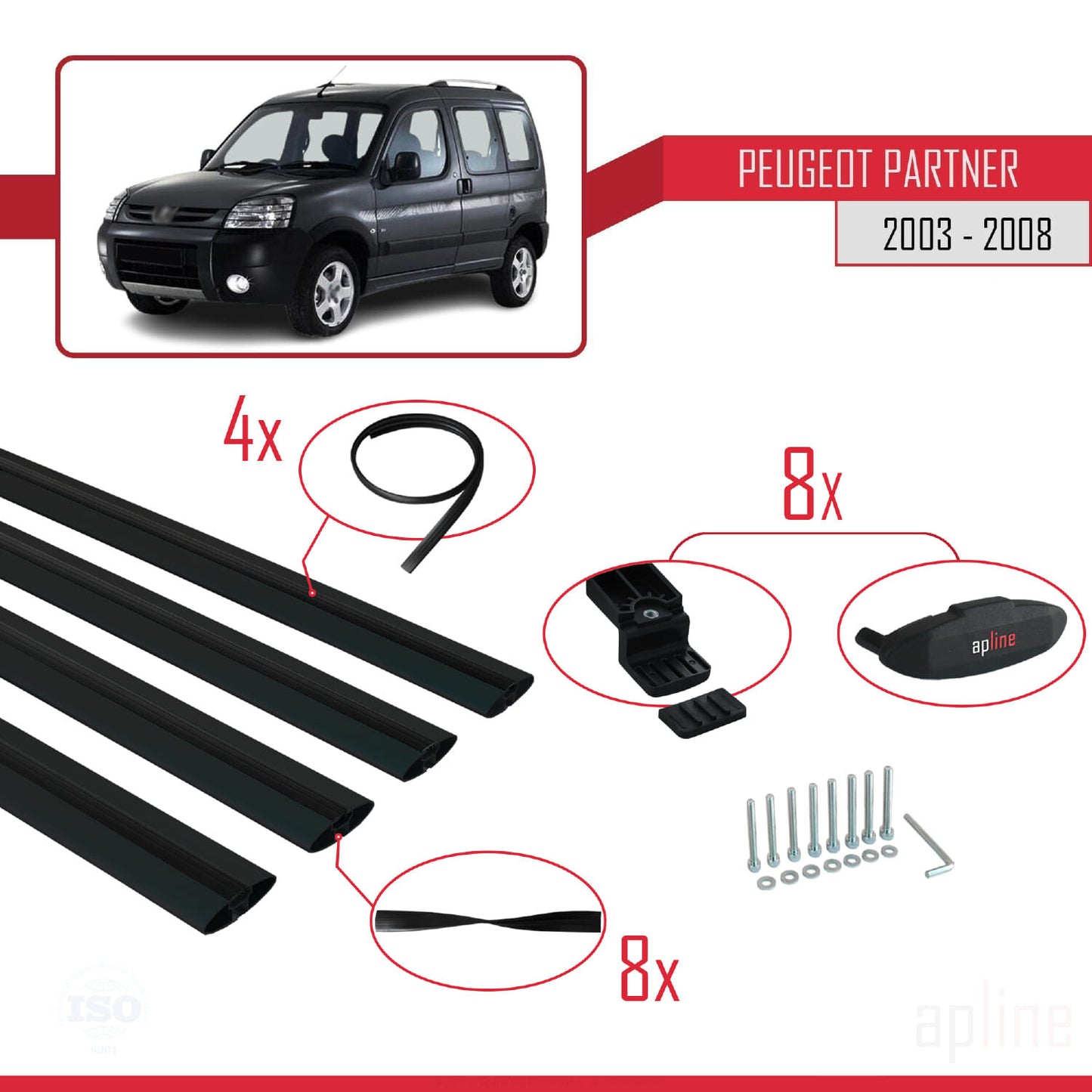 Compatible avec Peugeot Partner Post-Facelift 2003-2008 BASIC Model Barres de Toit Railing Porte-Bagages de Voiture Noir Aluminium 4 Barres