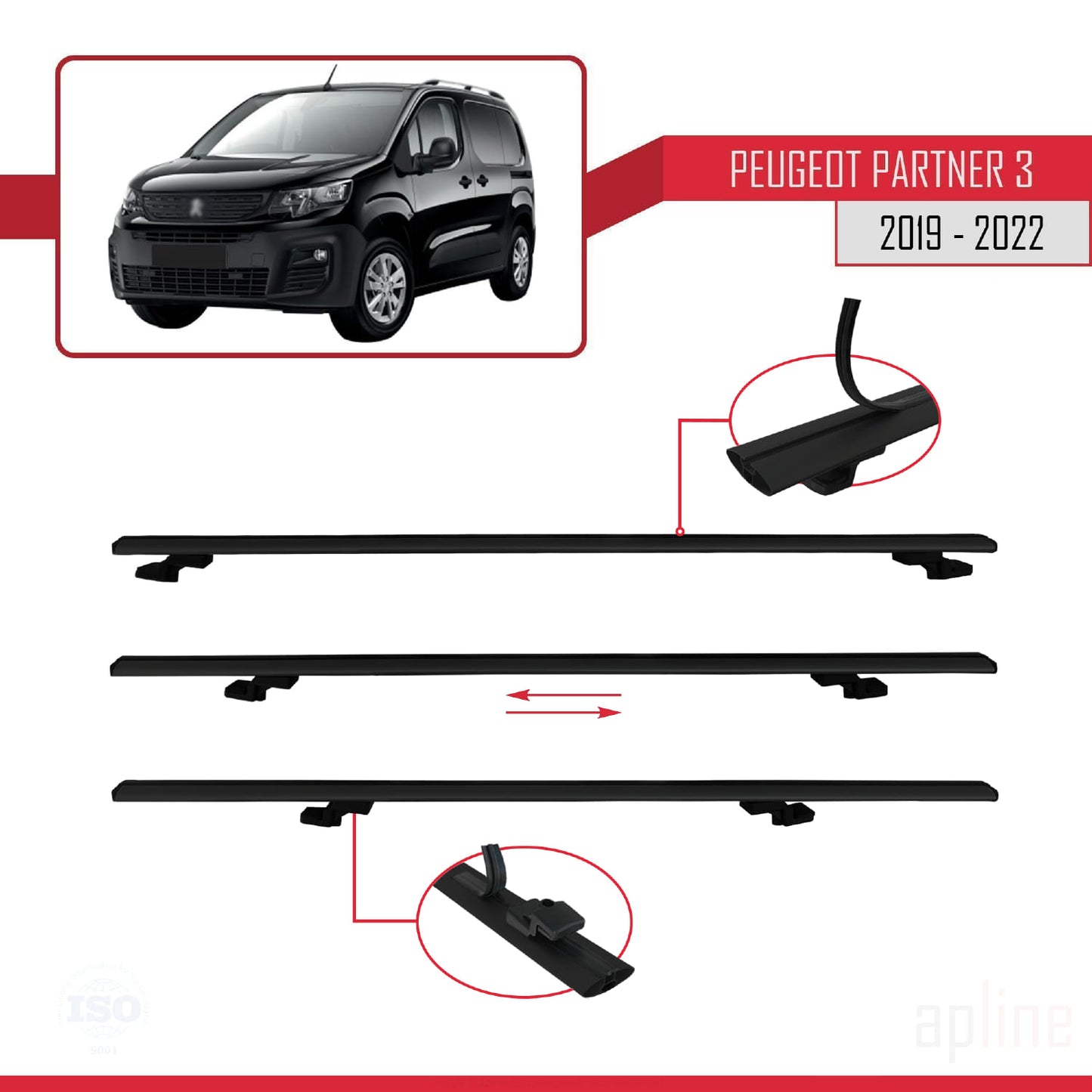 Compatible avec Peugeot Partner 3 2019-2022 BASIC Model Barres de Toit Railing Porte-Bagages de Voiture Noir Aluminium 4 Barres