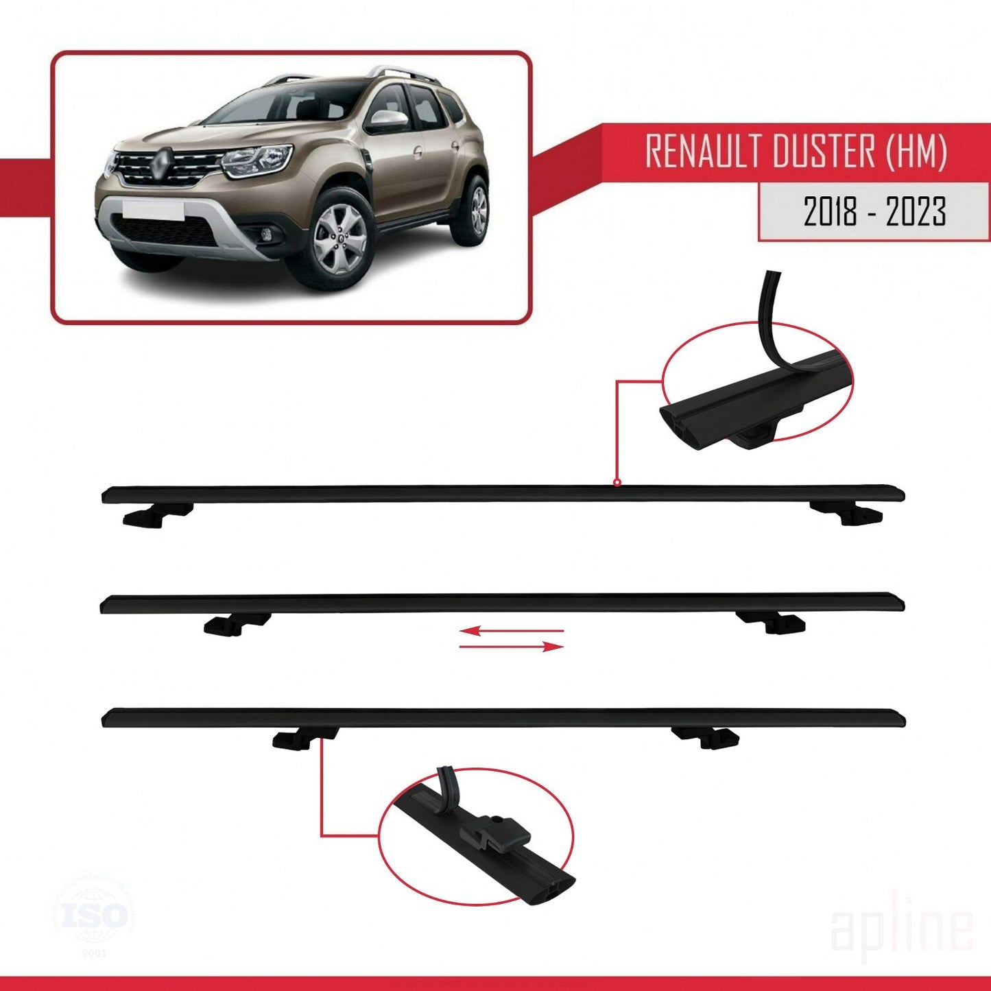 Compatible avec Renault Duster 2 (HM) 2018-2024 BASIC Model Barres de Toit Railing Porte-Bagages de Voiture Noir Aluminium 2 Barres