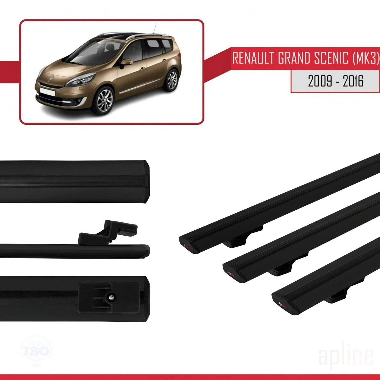 Compatible avec Renault Grand Scenic 3 2009-2016 BASIC Model Barres de Toit Railing Porte-Bagages de Voiture Noir Aluminium 3 Barres