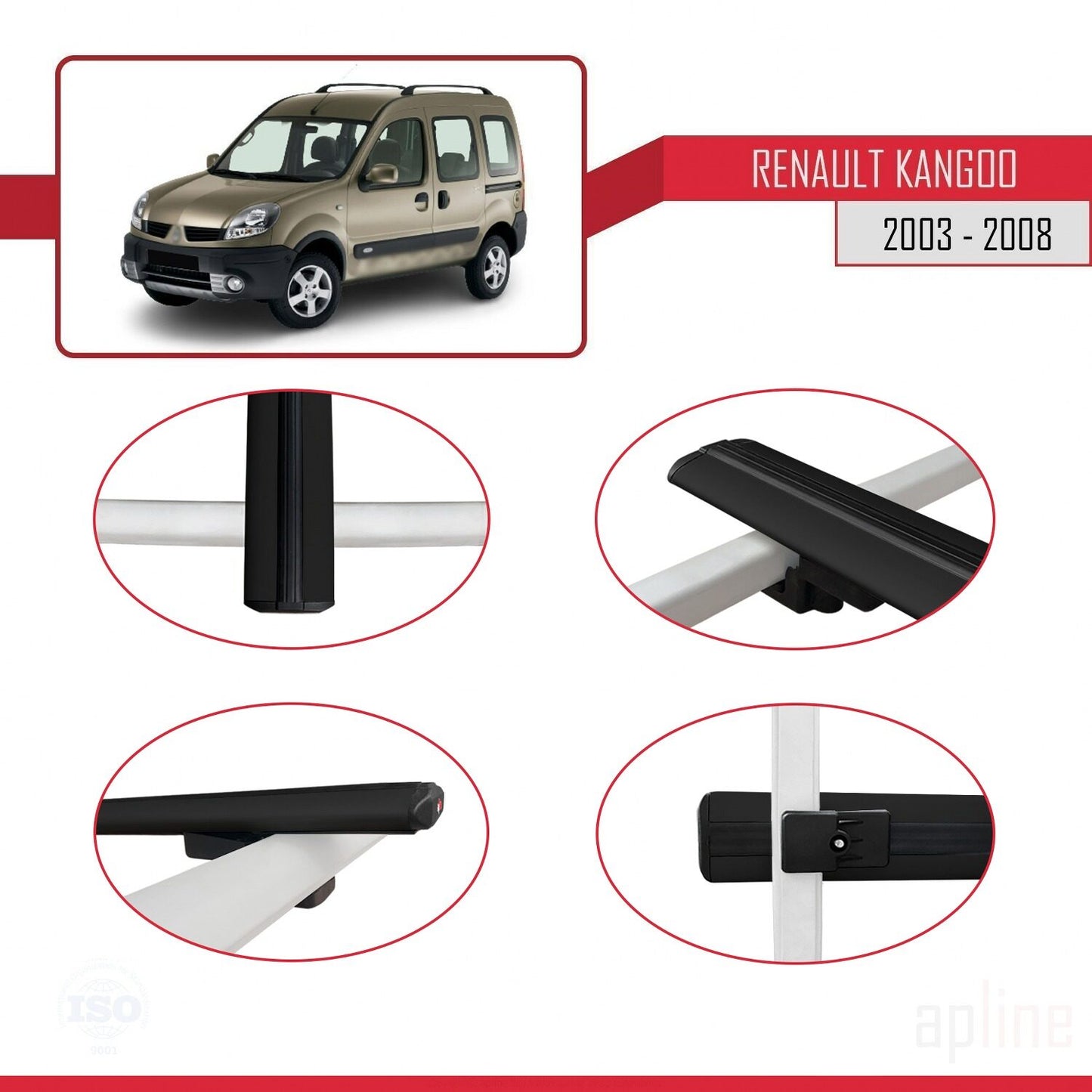 Compatible avec Renault Kangoo (X76) Post-Facelift 2003-2008 BASIC Model Barres de Toit Railing Porte-Bagages de Voiture Noir Aluminium 2 Barres