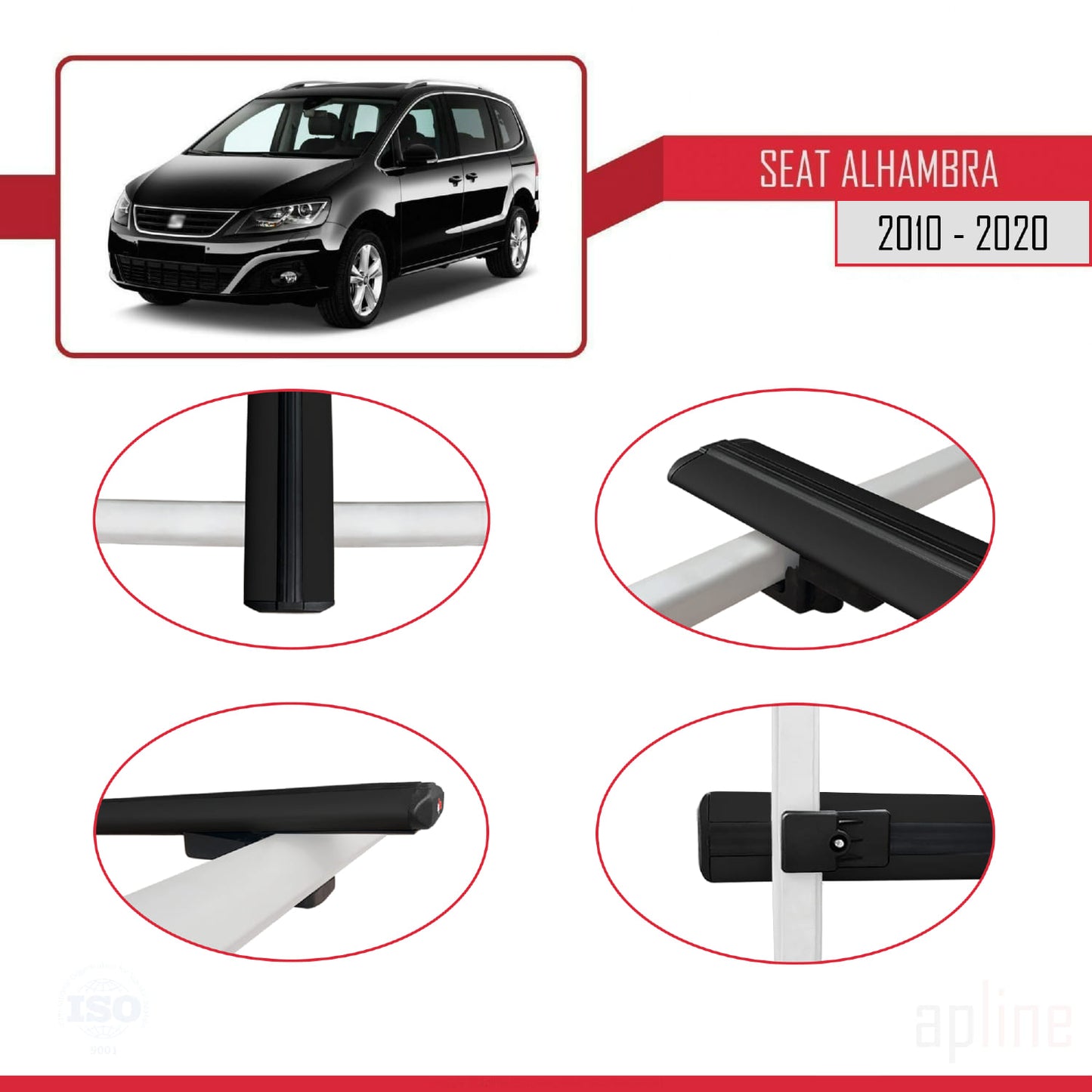 Compatible avec Seat Alhambra 2 (7N) 2010-2020 BASIC Model Barres de Toit Railing Porte-Bagages de Voiture Noir Aluminium 3 Barres