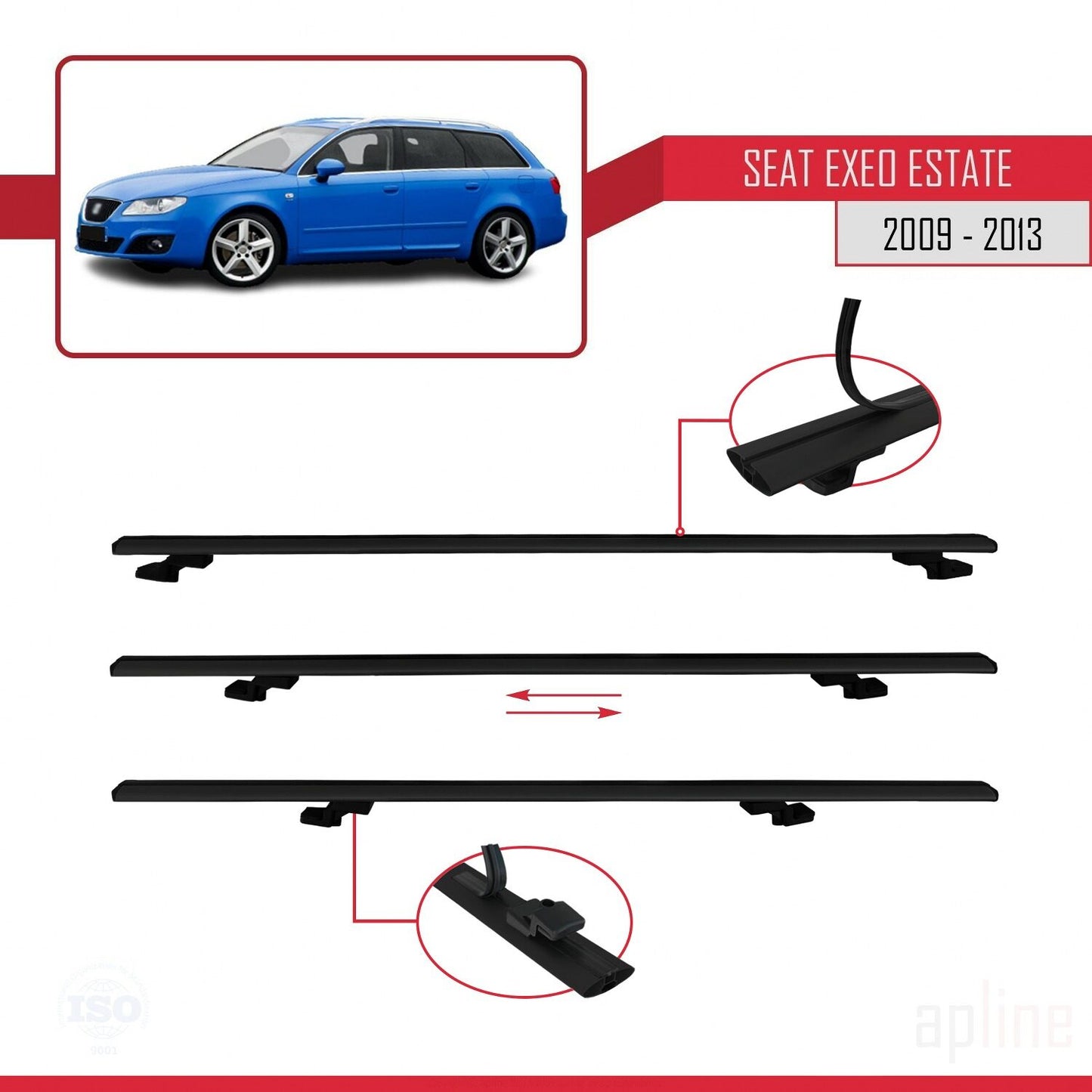 Compatible avec Seat Exeo (3R9) ST 2009-2013 BASIC Model Barres de Toit Railing Porte-Bagages de Voiture Noir Aluminium 3 Barres