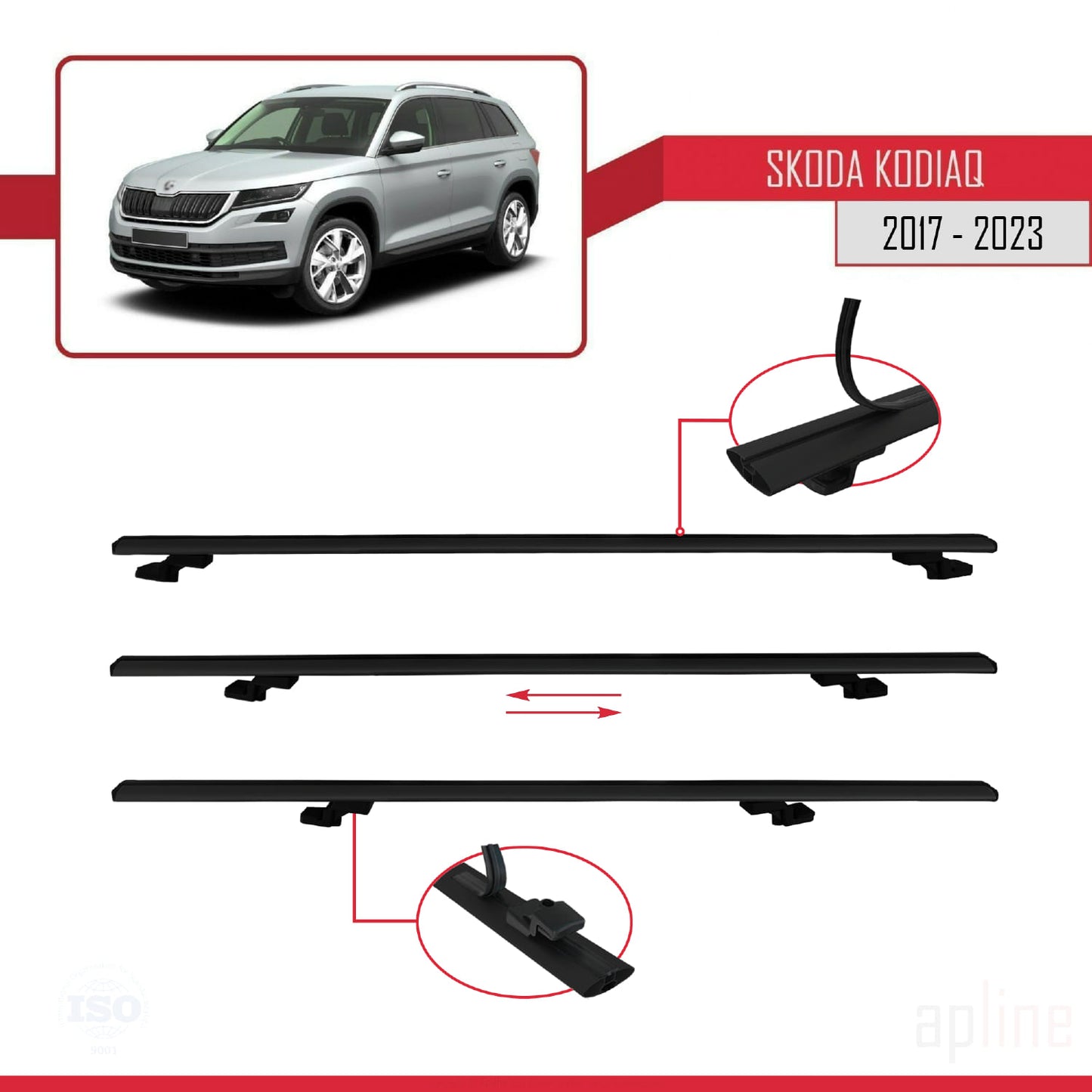 Compatible avec Skoda Kodiaq 2017-2023 BASIC Model Barres de Toit Railing Porte-Bagages de Voiture Noir Aluminium 3 Barres