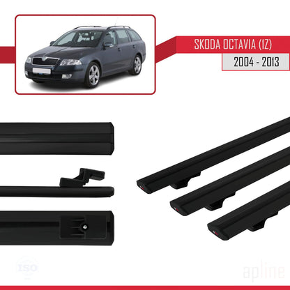 Compatible avec Skoda Octavia 2 (1Z) 2004-2013 BASIC Model Barres de Toit Railing Porte-Bagages de Voiture Noir Aluminium 3 Barres