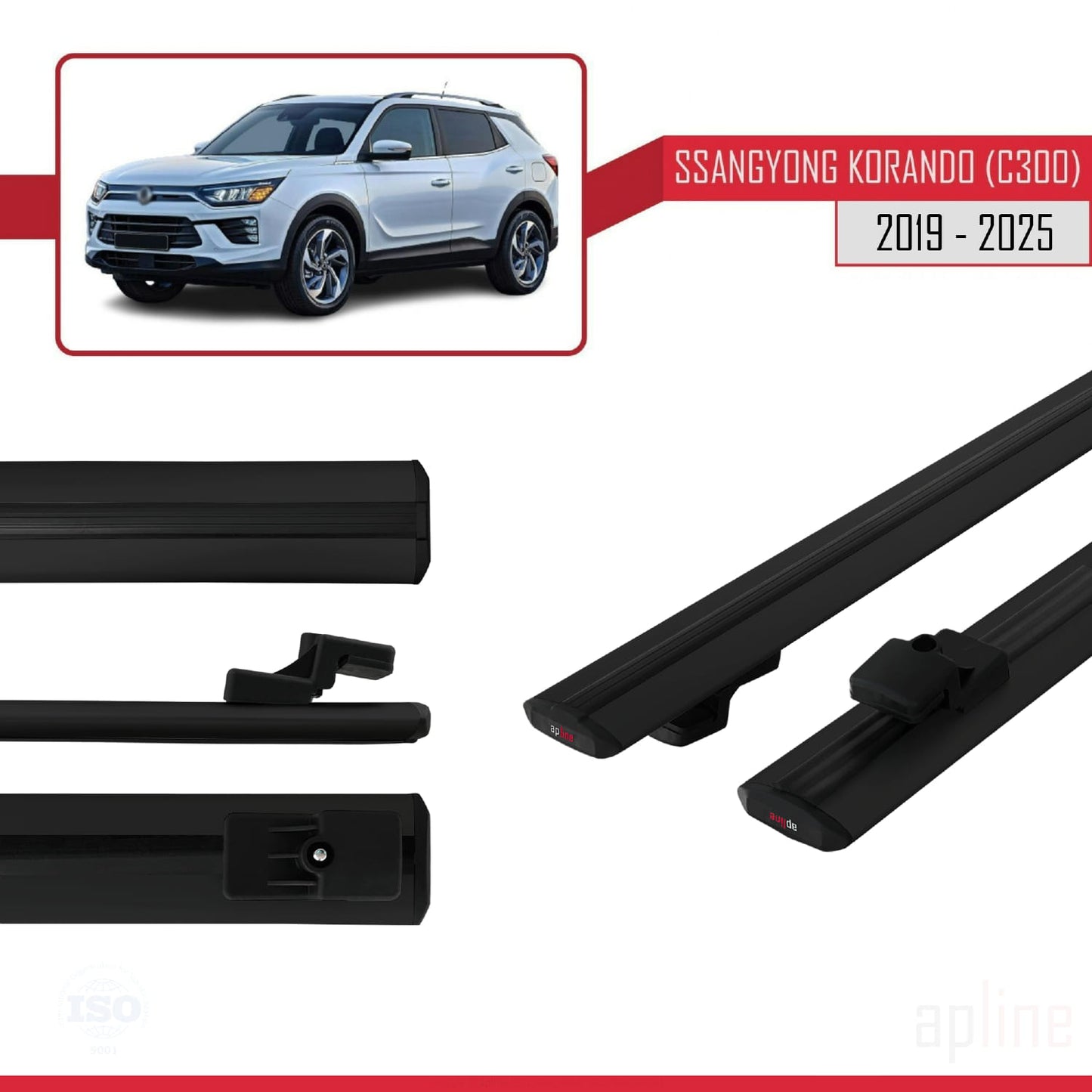 BASIC Model Dakdrager bagagedrager compatibel met Ssangyong Korando 4 (C300) 2019-2025 Spoorstaven Zwart Aluminium 2 Staven
