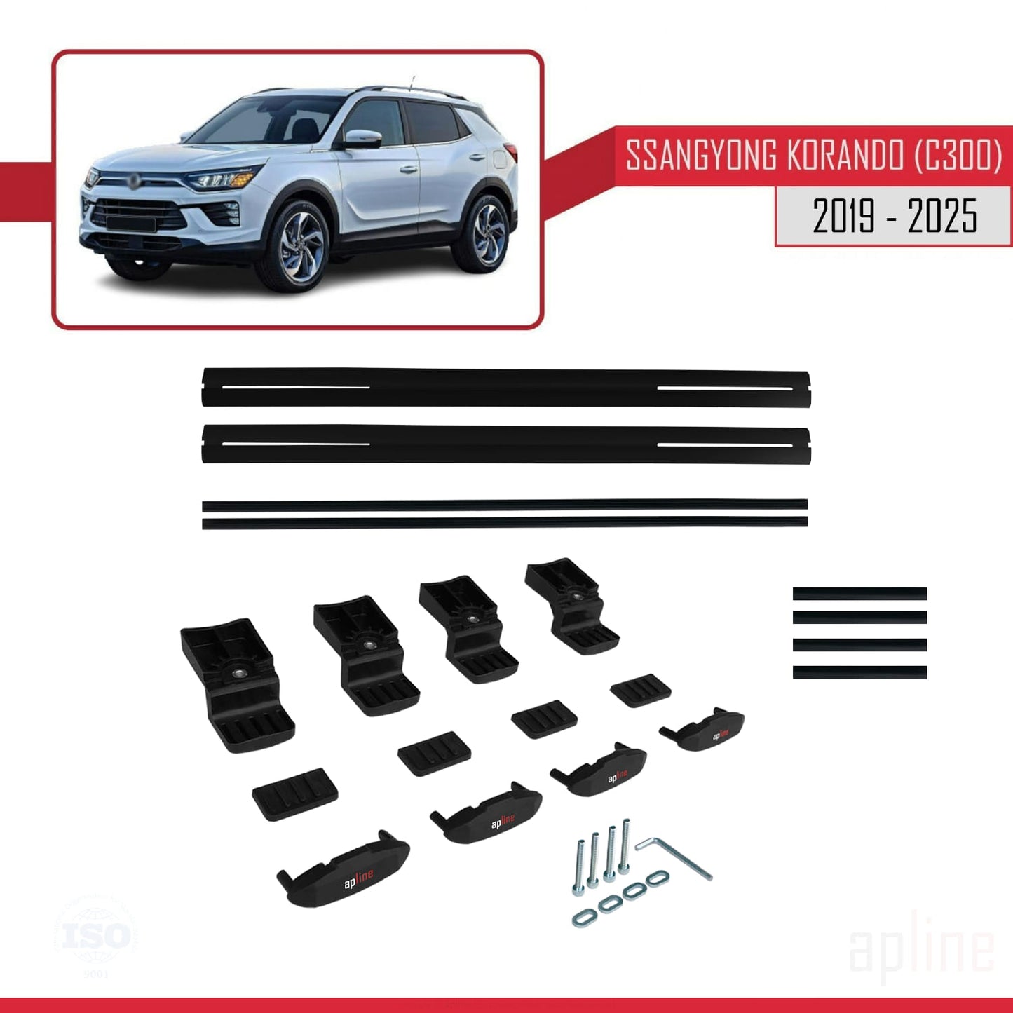 BASIC Model Dakdrager bagagedrager compatibel met Ssangyong Korando 4 (C300) 2019-2025 Spoorstaven Zwart Aluminium 2 Staven