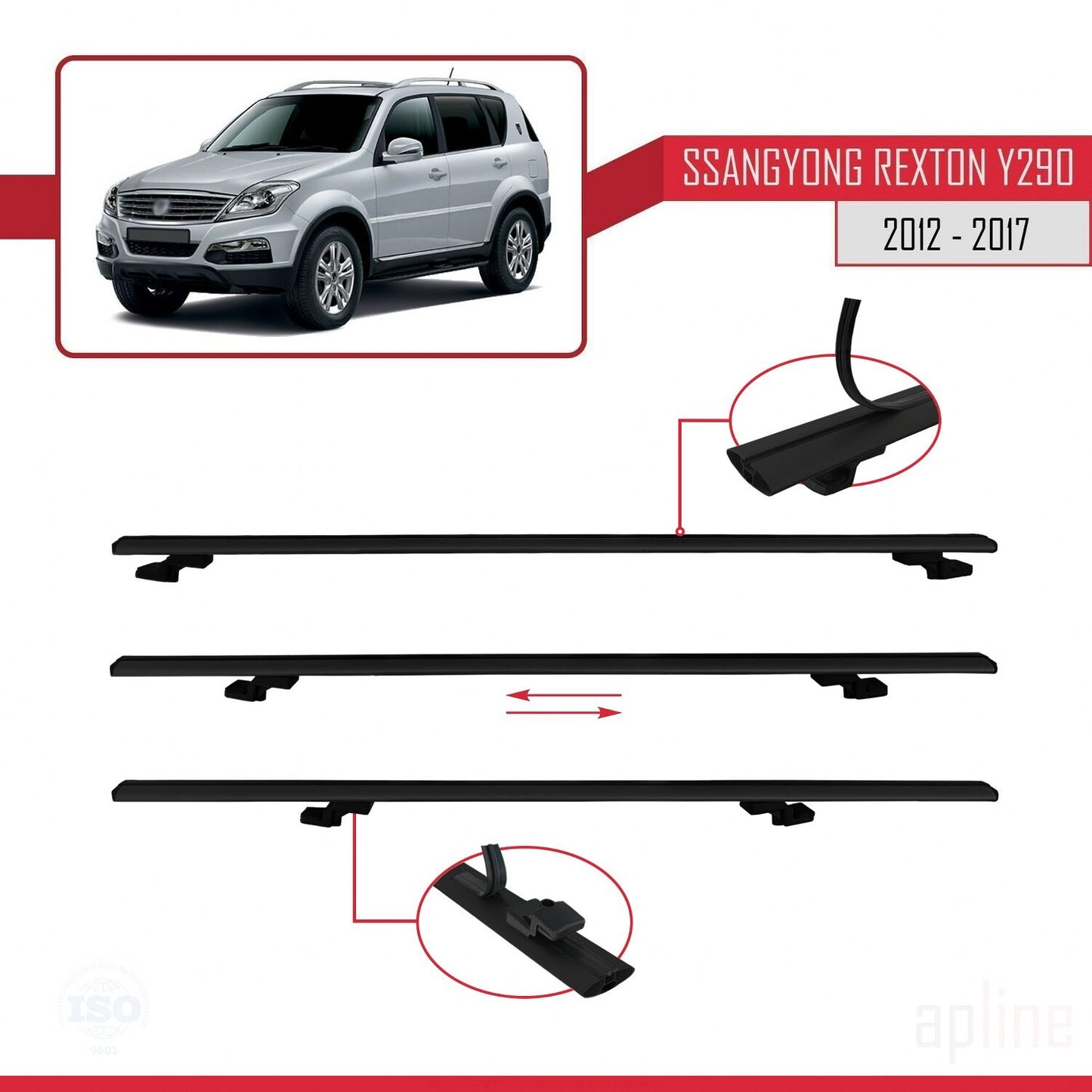 Compatible avec Ssangyong Rexton (Y290) 2012-2017 BASIC Model Barres de Toit Railing Porte-Bagages de Voiture Noir Aluminium 3 Barres