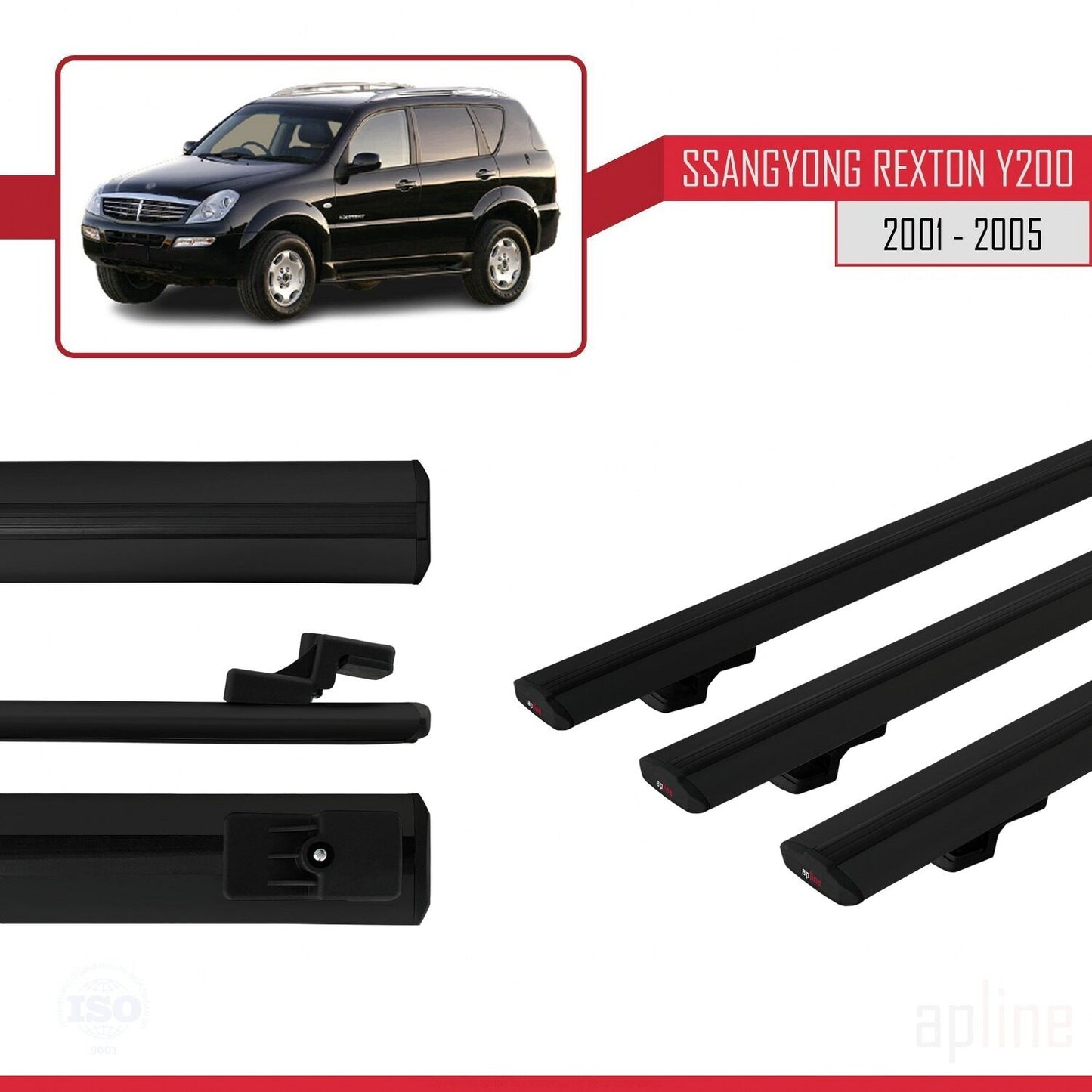 Compatible avec Ssangyong Rexton (Y200) 2001-2005 BASIC Model Barres de Toit Railing Porte-Bagages de Voiture Noir Aluminium 3 Barres
