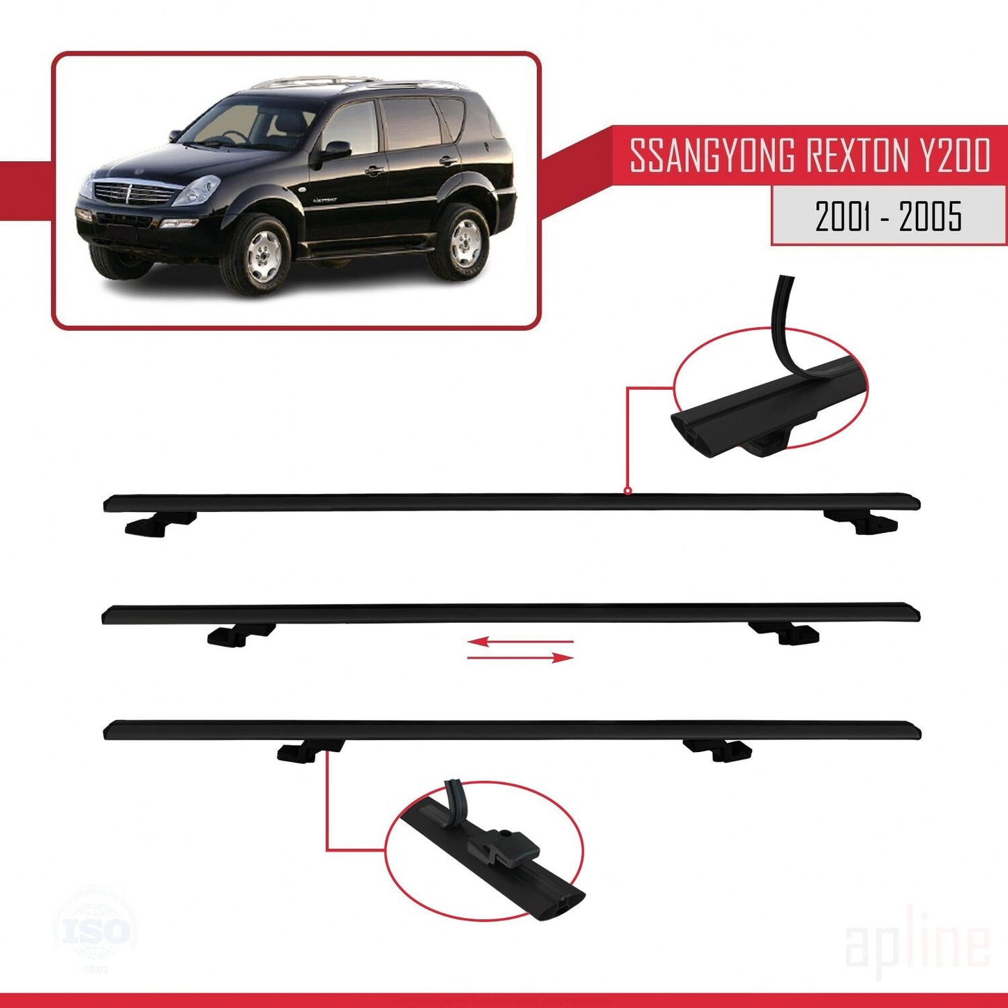 Compatible avec Ssangyong Rexton (Y200) 2001-2005 BASIC Model Barres de Toit Railing Porte-Bagages de Voiture Noir Aluminium 2 Barres